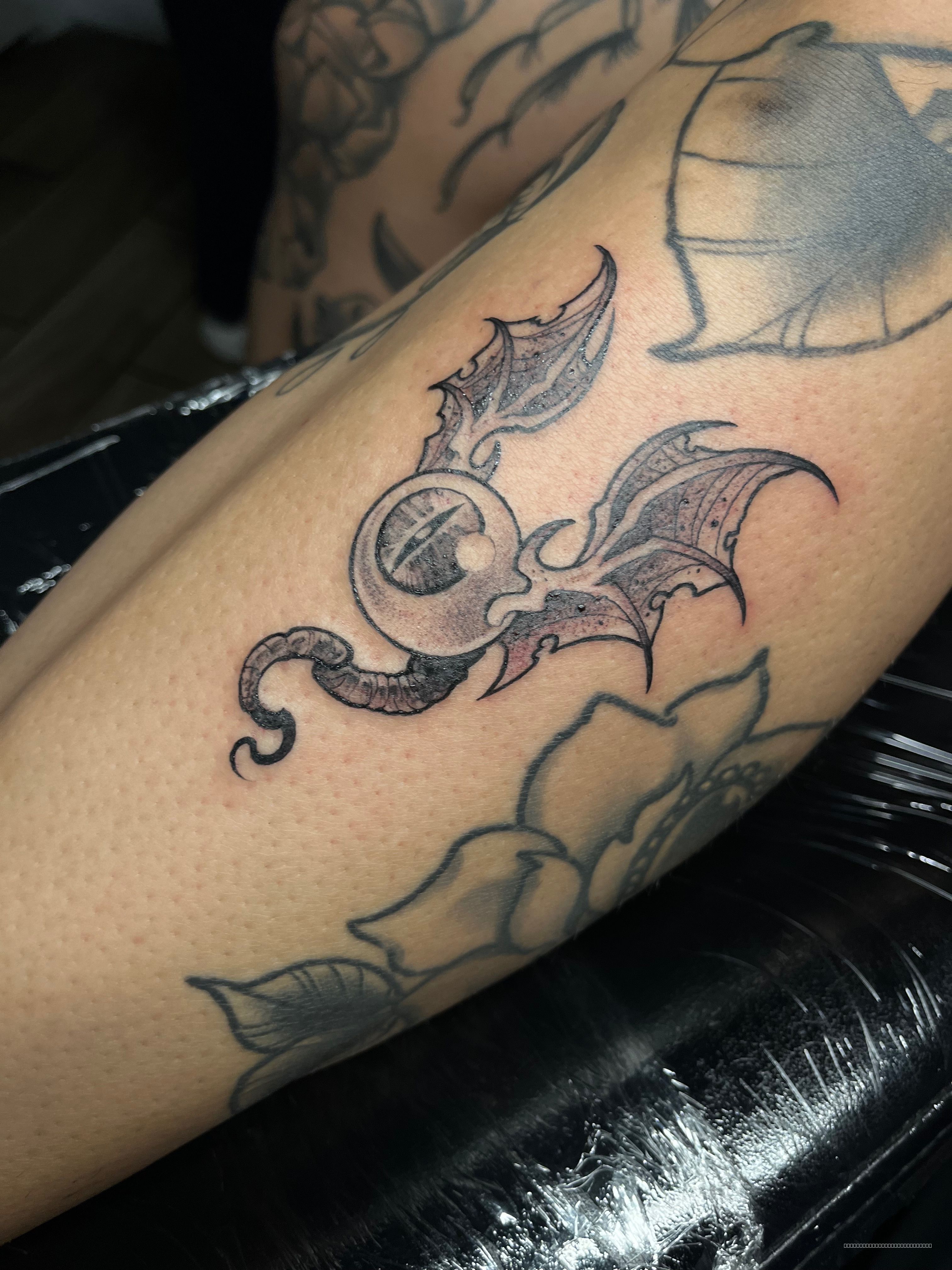 Tattoo on the shin by Jordan at Platinum Tattoos & Piercings, San Antonio TX