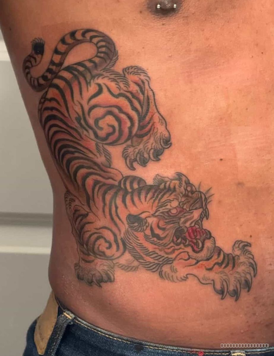 Traditional Orange, Black, Yellow, Red Tiger tattoo by Jr at Platinum Tattoos & Piercings, San Antonio TX