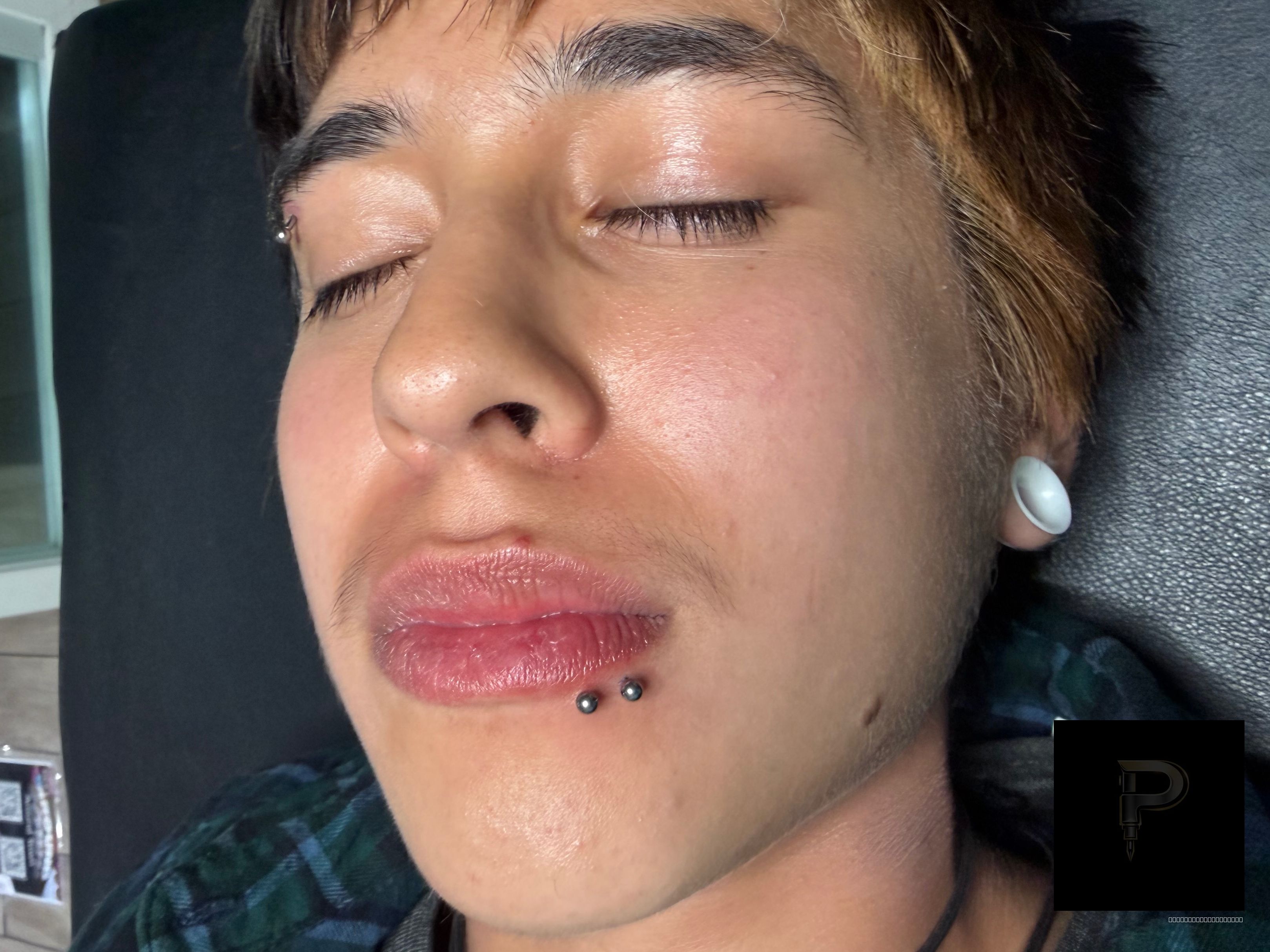 Spider Bites piercing with Implant Grade Titanium Labret Stud/Flat Back by NeoMetal by Mingo at Platinum Tattoos & Piercings, San Antonio TX