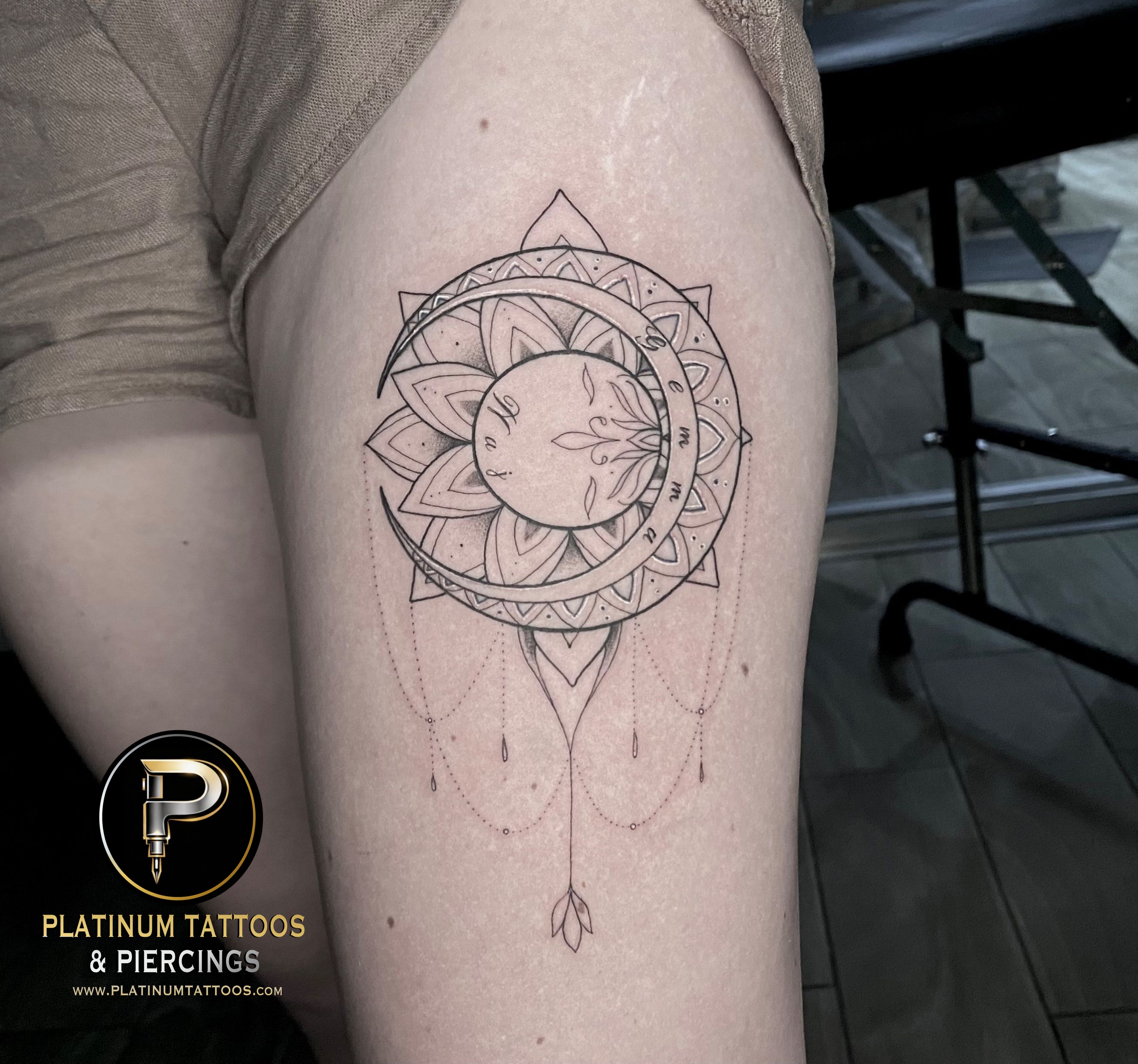 Linework, Fine Line Black Lotus, Moon, Sun tattoo on the Hip by Remy at Platinum Tattoos & Piercings, San Antonio TX