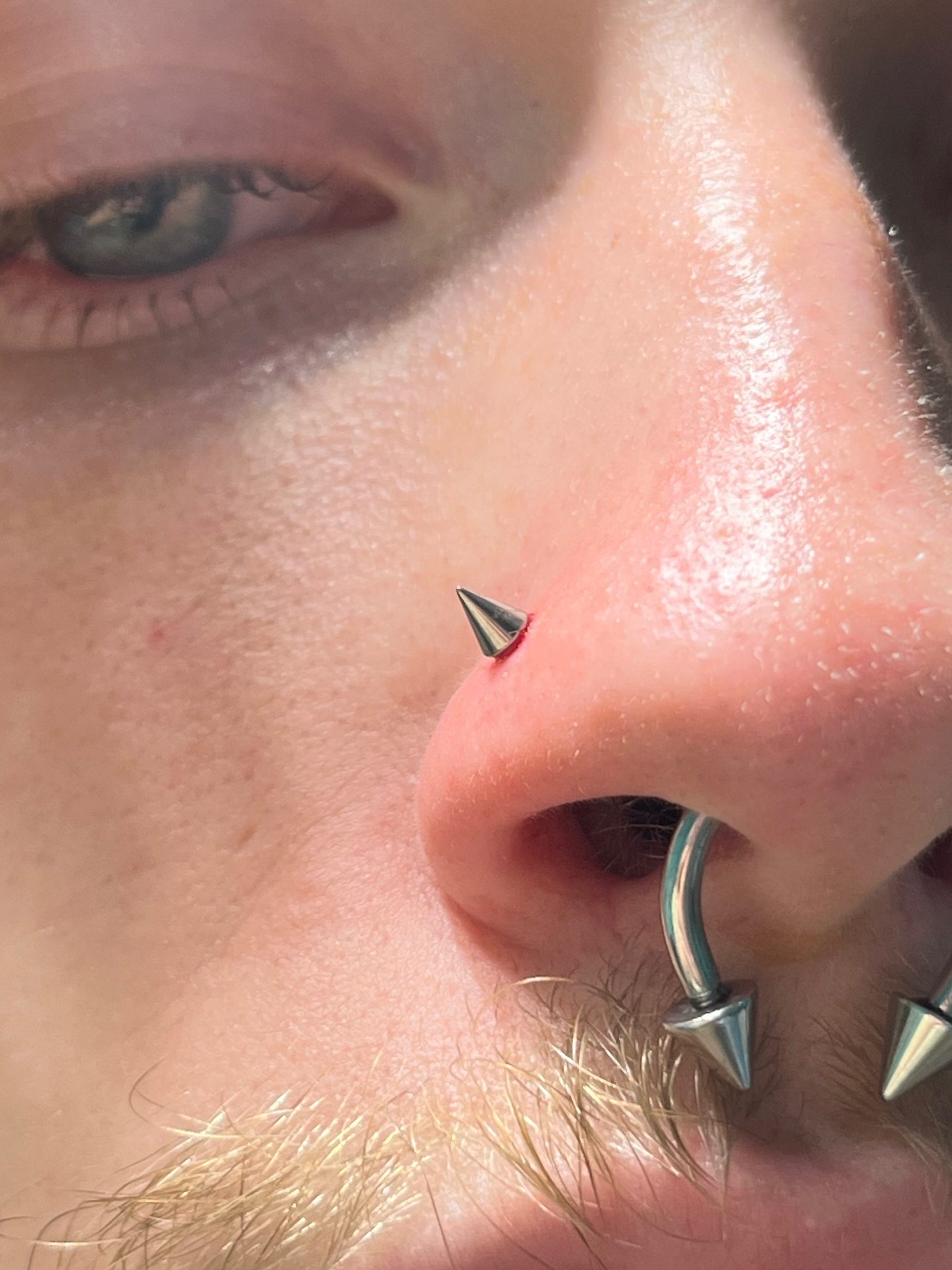 Nostril piercing with Implant Grade Titanium Spike by NeoMetal by Harley at Platinum Tattoos & Piercings, San Antonio TX