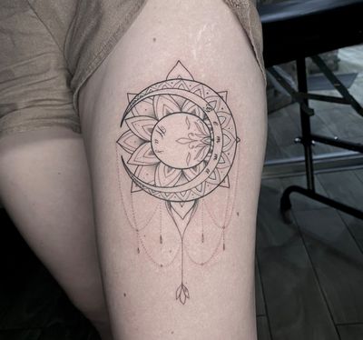 Linework, Fine Line Black Lotus, Moon, Sun tattoo on the Hip by Remy at Platinum Tattoos & Piercings, San Antonio TX