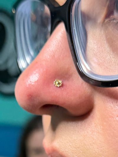 Nostril piercing with 14k Yellow Gold Threadless by Tawapa by Mingo at Platinum Tattoos & Piercings, San Antonio TX