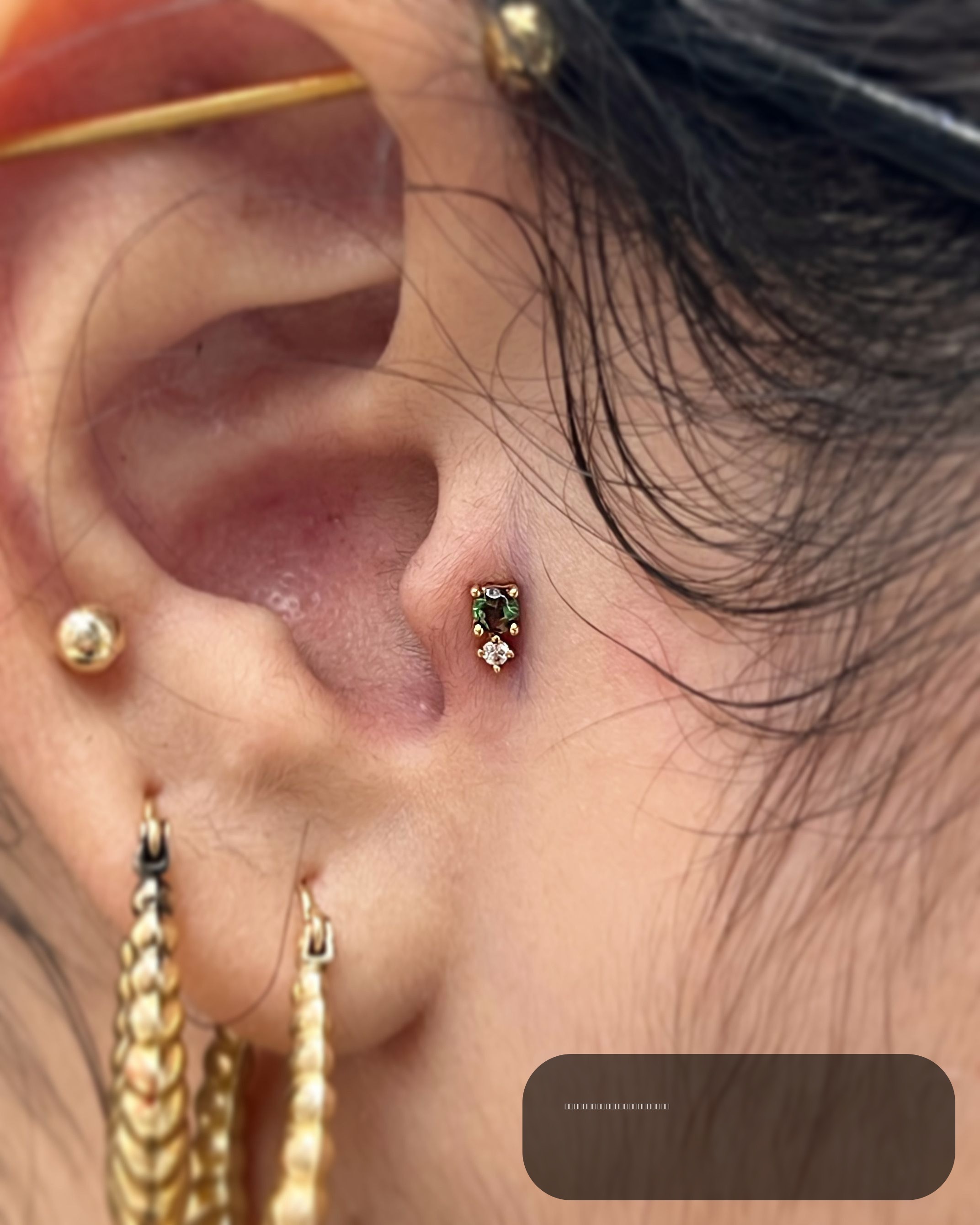 Tragus piercing with 14k Yellow Gold Threadless by JC at Platinum Tattoos & Piercings, San Antonio TX