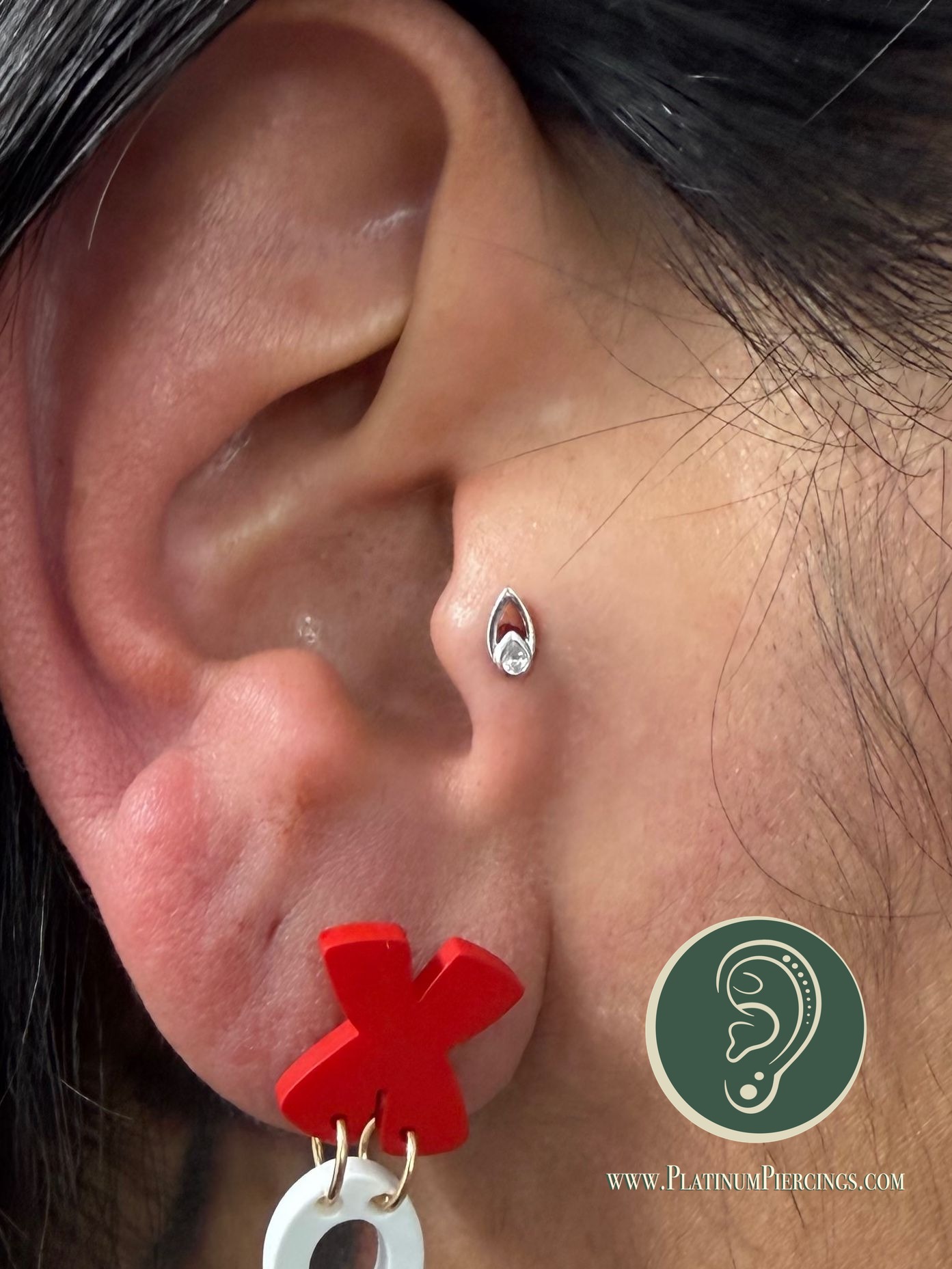 Tragus piercing with 14k White Gold Labret Stud/Flat Back by Tawapa by Crystal at Platinum Body Piercings, San Antonio TX