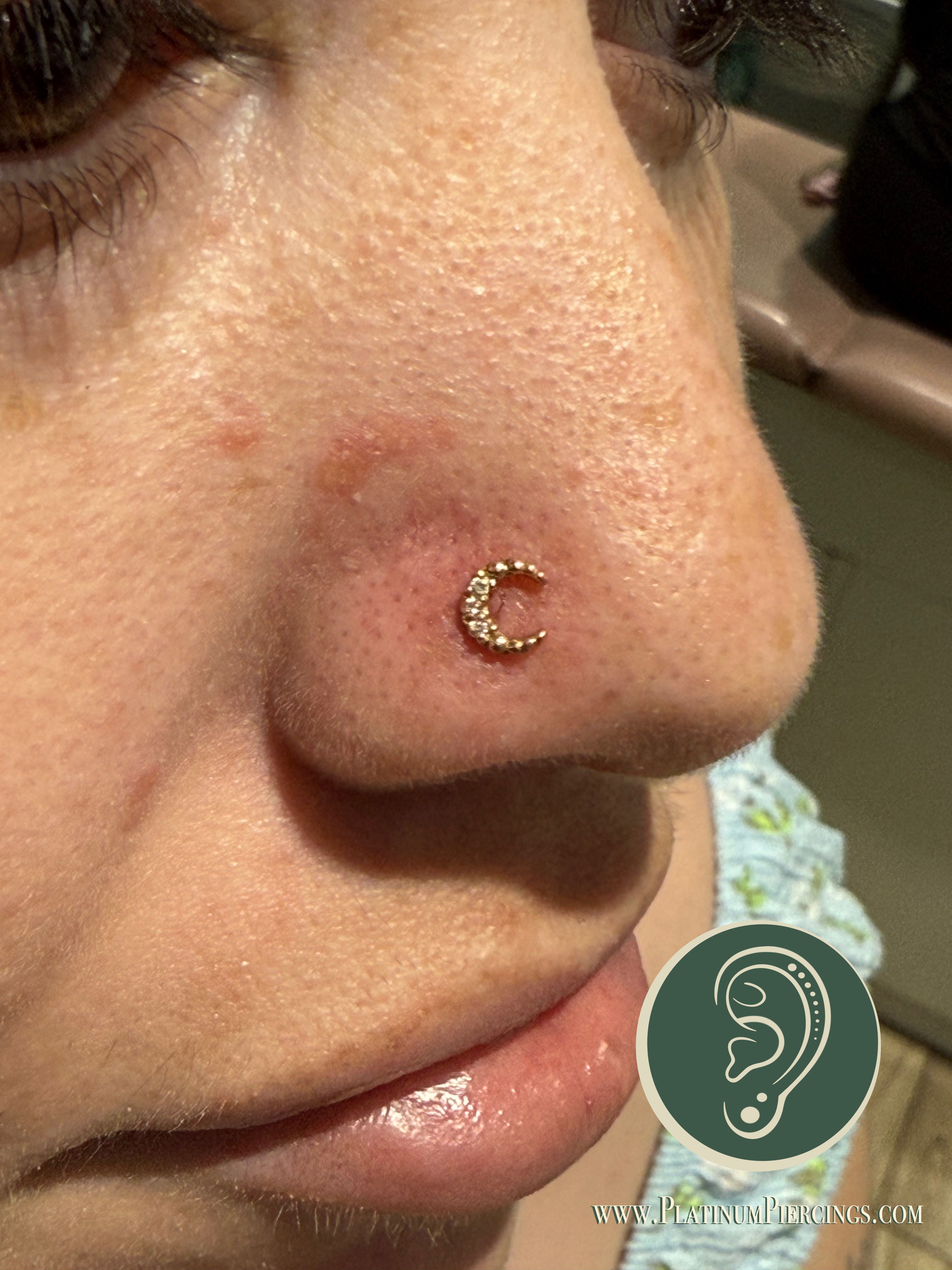 Nostril piercing with 14k Yellow Gold Labret Stud/Flat Back by Tawapa by Crystal at Platinum Body Piercings, San Antonio TX