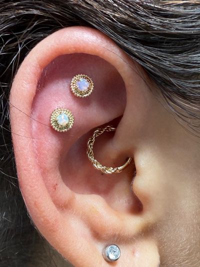 1st Helix piercing with 14k Yellow Gold Labret Stud/Flat Back by Tawapa by Crystal at Platinum Body Piercings, San Antonio TX