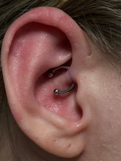 Daith piercing with Implant Grade Titanium Circular Barbell by Harley at Platinum Body Piercings, San Antonio TX