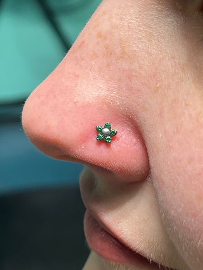 Nostril piercing with Implant Grade Titanium Threadless by NeoMetal by Harley at Platinum Body Piercings, San Antonio TX