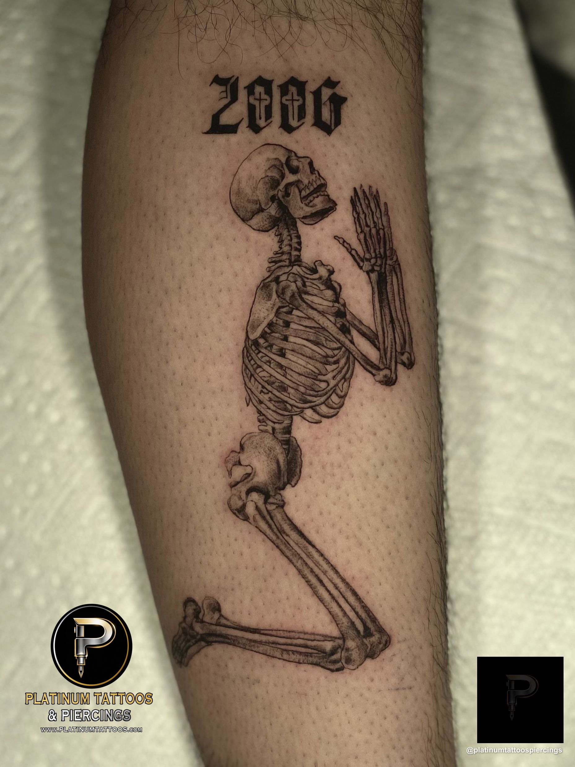 Blackwork tattoo on the calf by Remy at Platinum Tattoos & Piercings, San Antonio TX