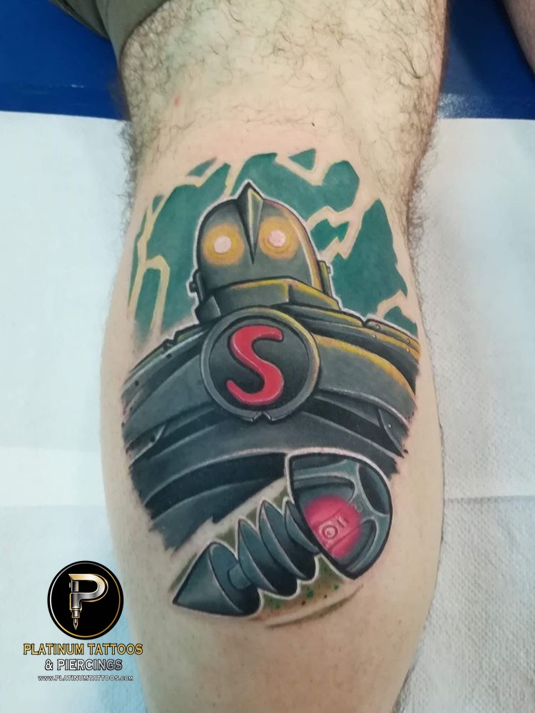 Anime tattoo on the calf by Jerson at Platinum Tattoos & Piercings, San Antonio TX