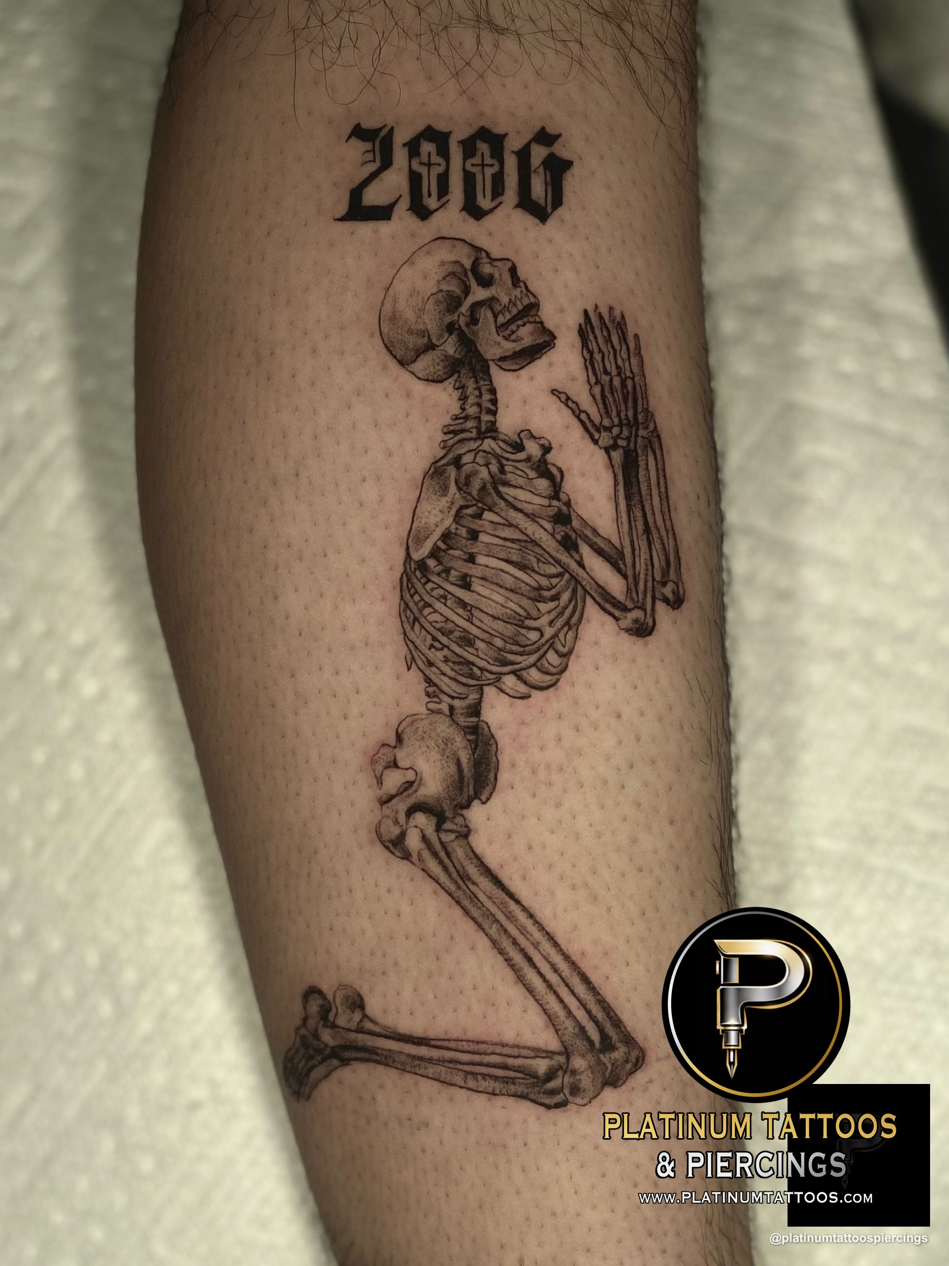 Blackwork tattoo on the calf by Remy at Platinum Tattoos & Piercings, San Antonio TX