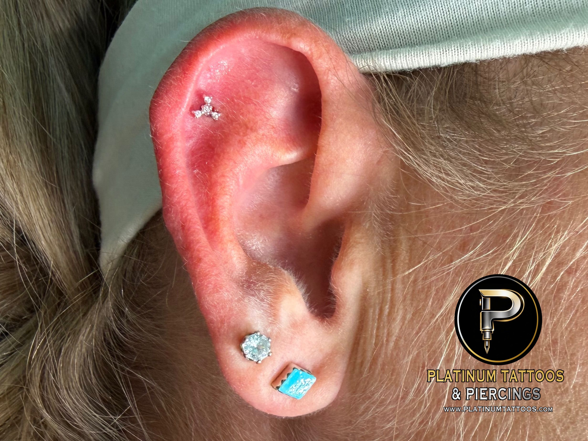 1st Helix piercing with 14k White Gold Cluster/Multi-Gem by Other by Mingo at Platinum Tattoos & Piercings, San Antonio TX