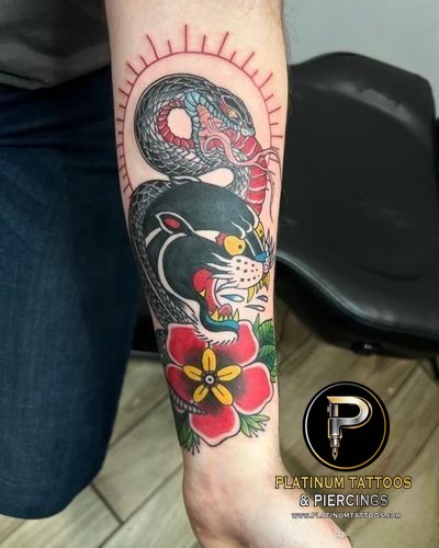 Traditional tattoo on the forearm by Jesus at Platinum Tattoos & Piercings, San Antonio TX