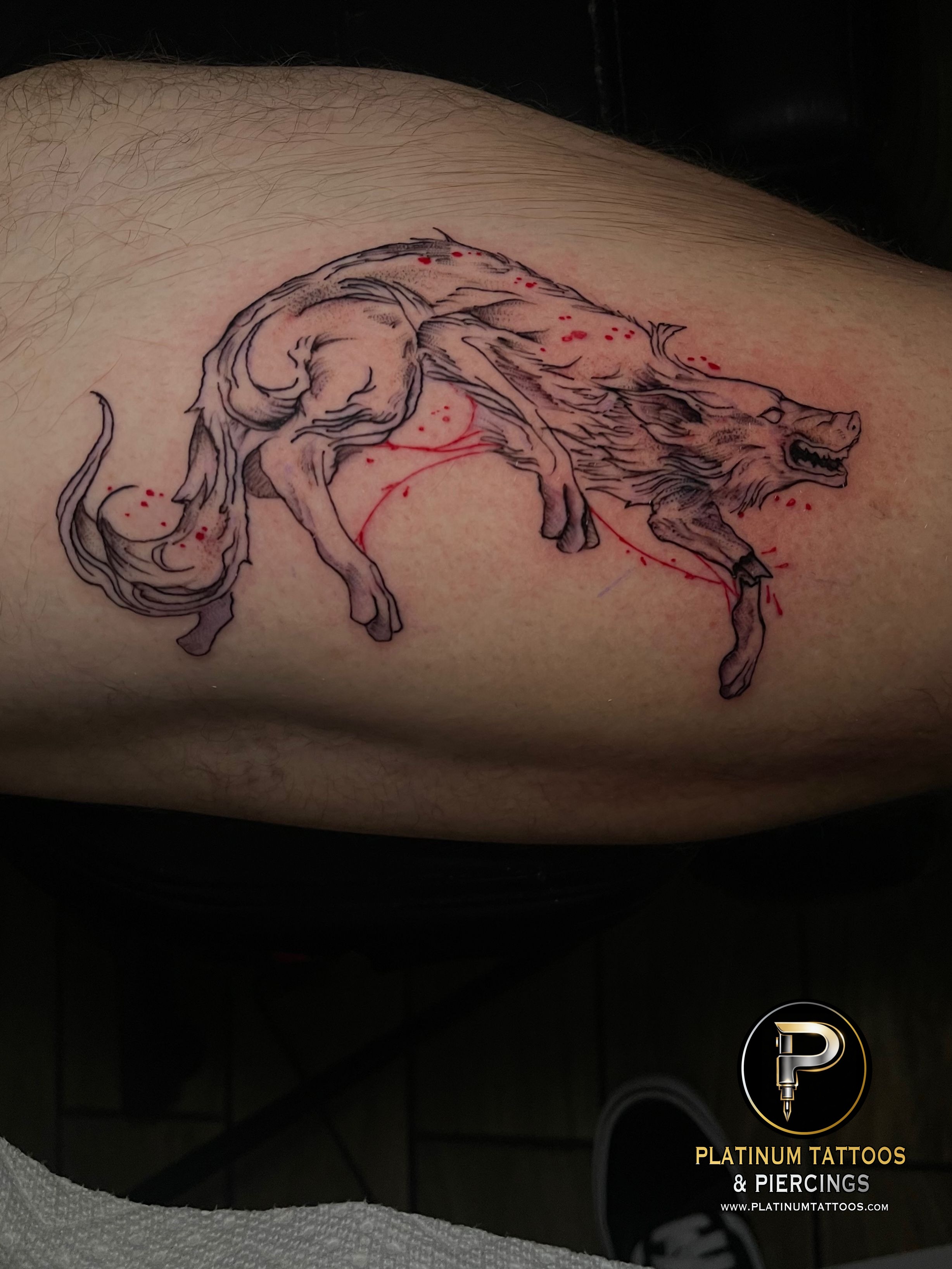 Tattoo Linework on the Thigh by Skar at Platinum Tattoos & Piercings, San Antonio TX