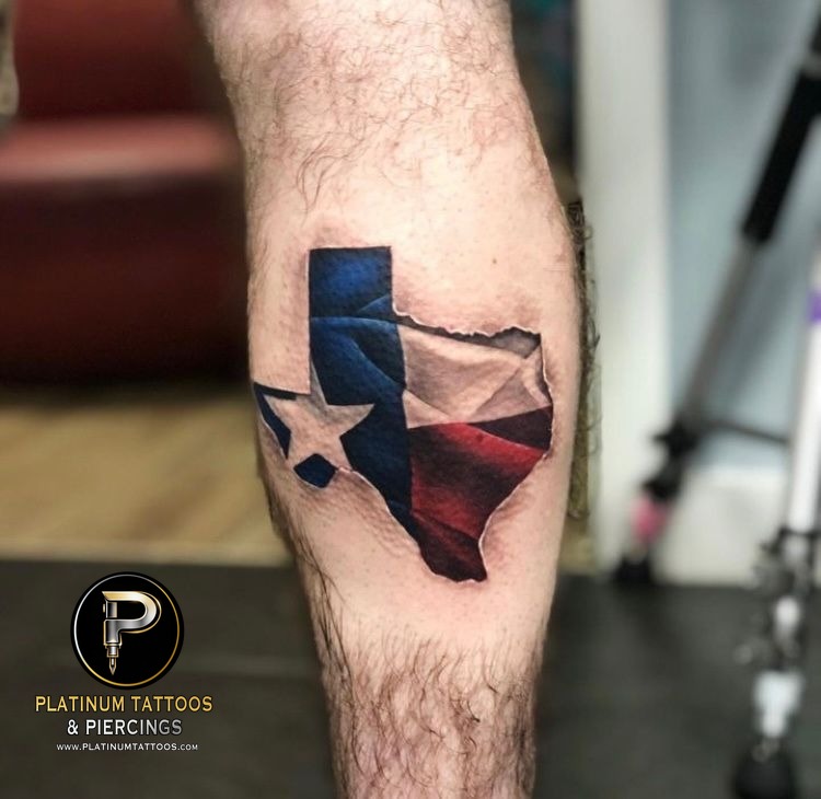 Realism tattoo on the calf at Platinum Tattoos & Piercings, San Antonio TX