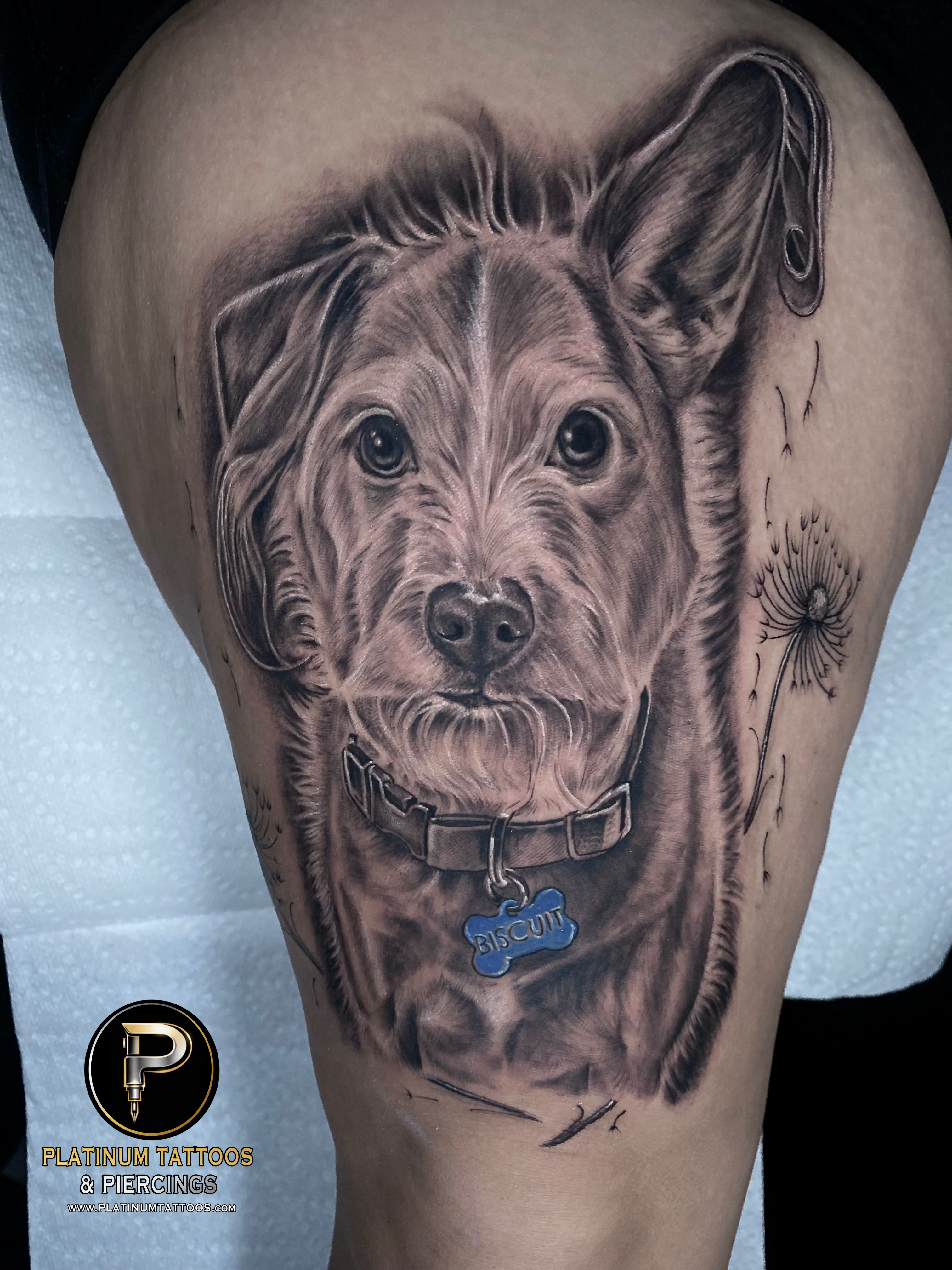 Black & Grey tattoo on the Thigh by Remy at Platinum Tattoos & Piercings, San Antonio TX