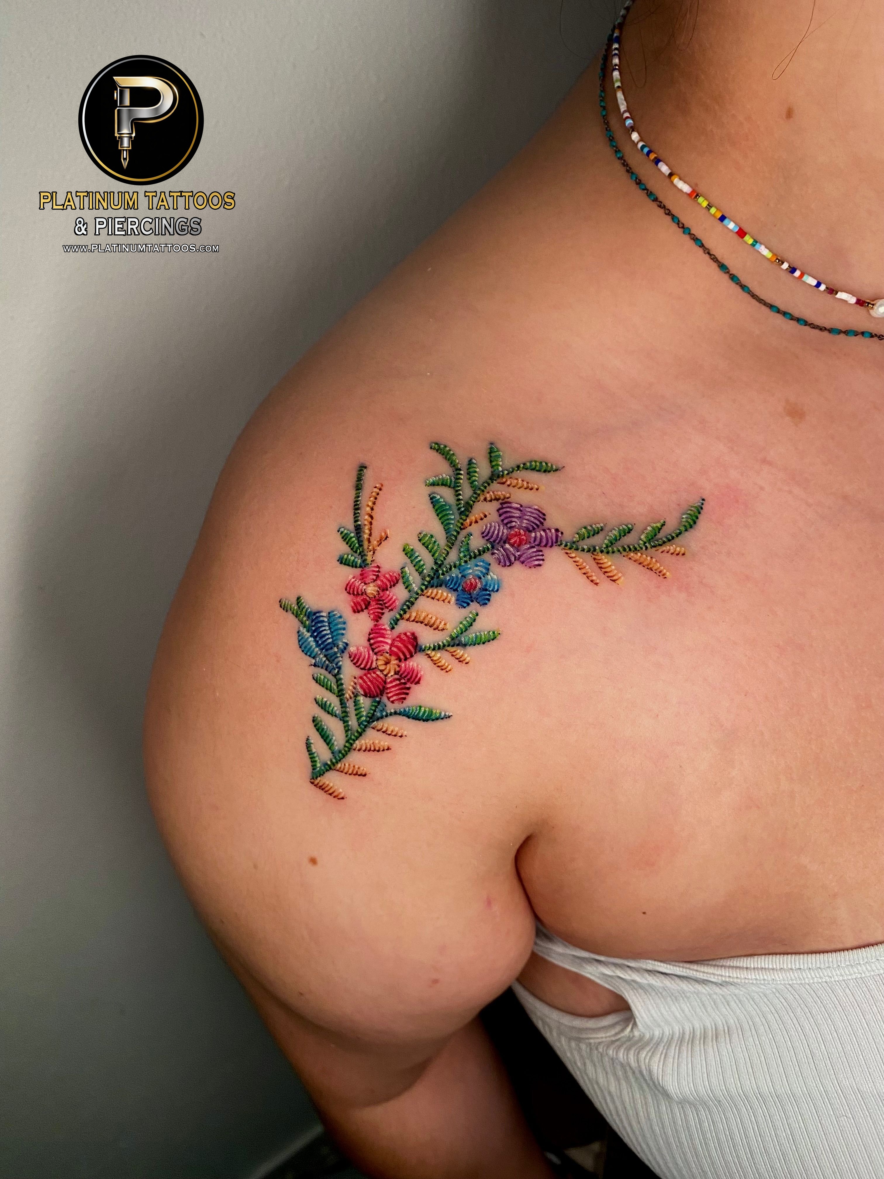 Patchwork, Embroidery tattoo by Remy at Platinum Tattoos & Piercings, San Antonio TX