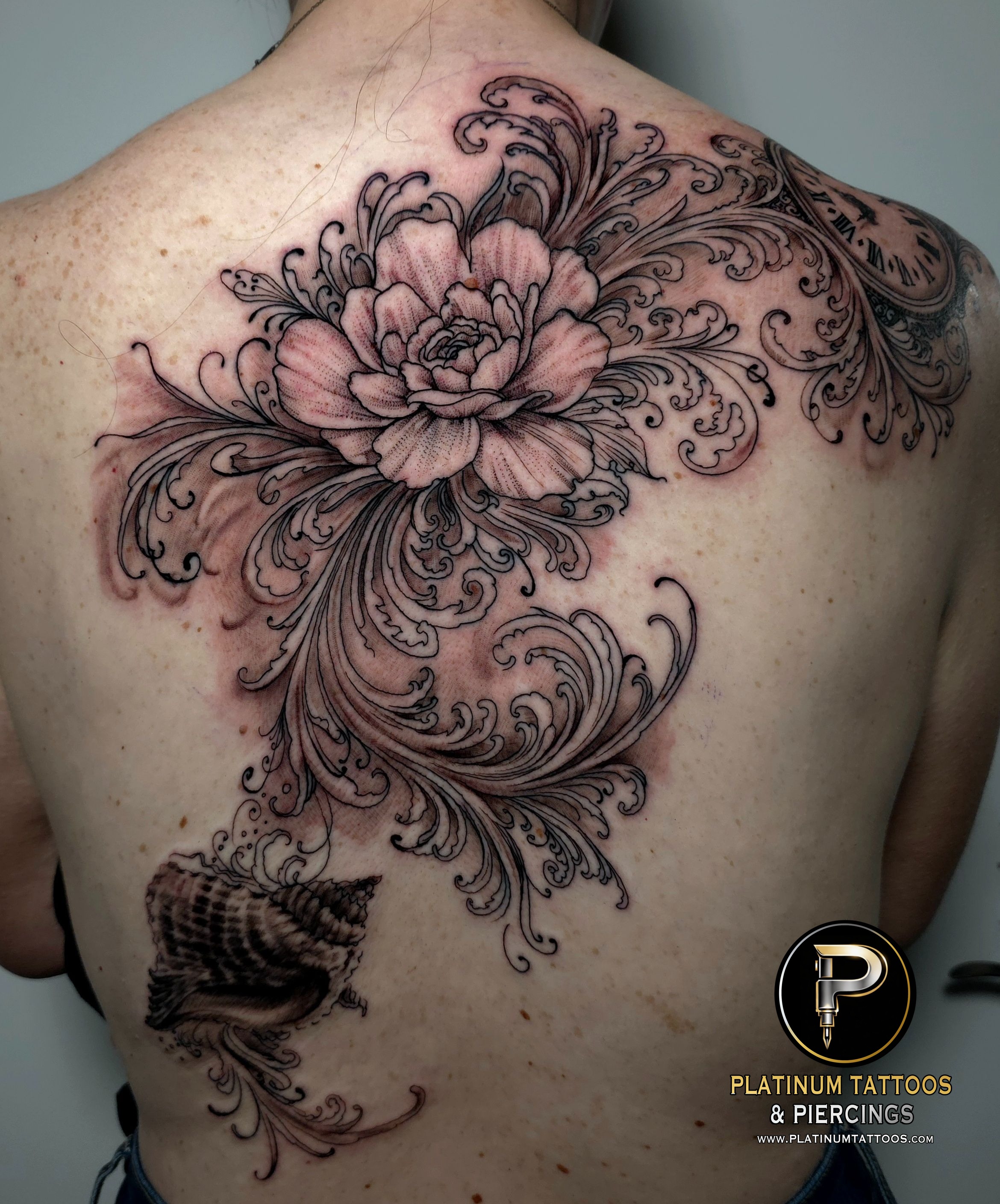 Black & Grey tattoo on the Full Back by Lee at Platinum Tattoos & Piercings, San Antonio TX