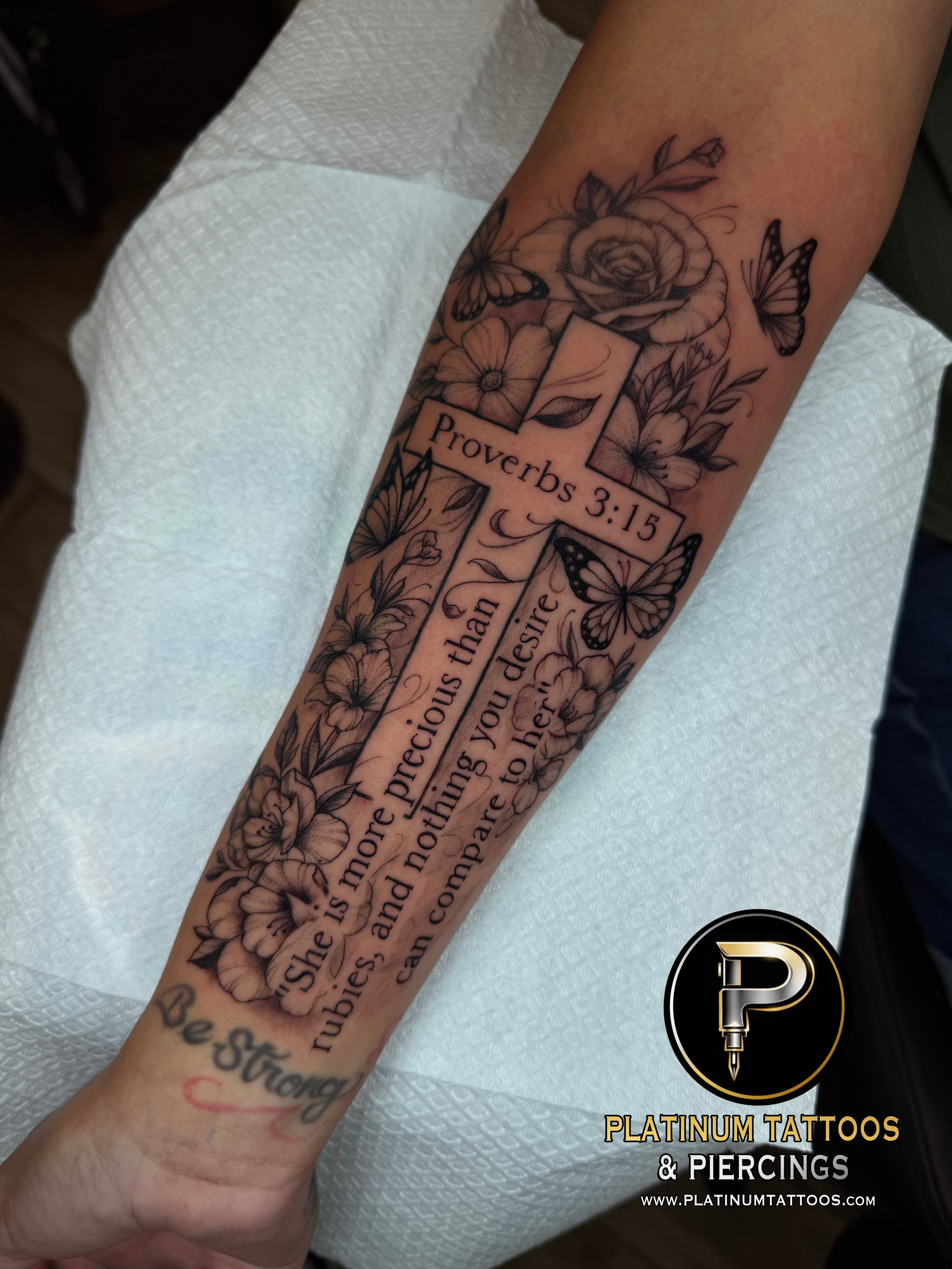 Black & Grey with Color, Floral, Fine Line Black Flower tattoo on the Forearm by Jerson at Platinum Tattoos & Piercings, San Antonio TX