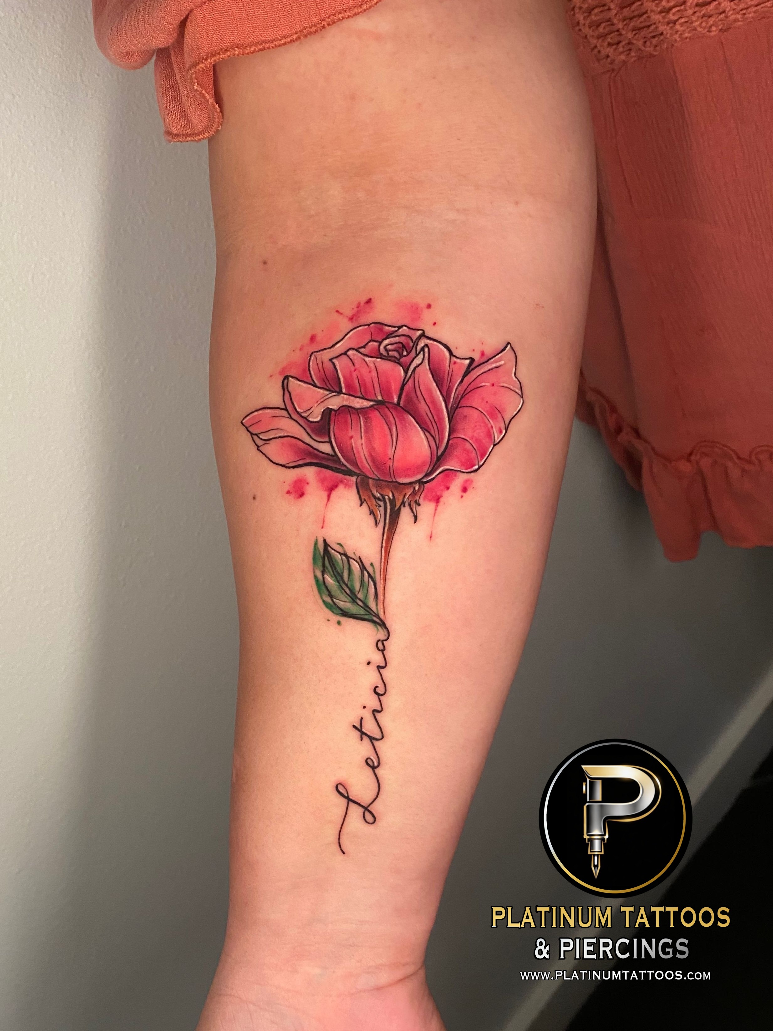 Watercolor Multi-Color Rose, Script/Cursive tattoo on the Forearm by Remy at Platinum Tattoos & Piercings, San Antonio TX