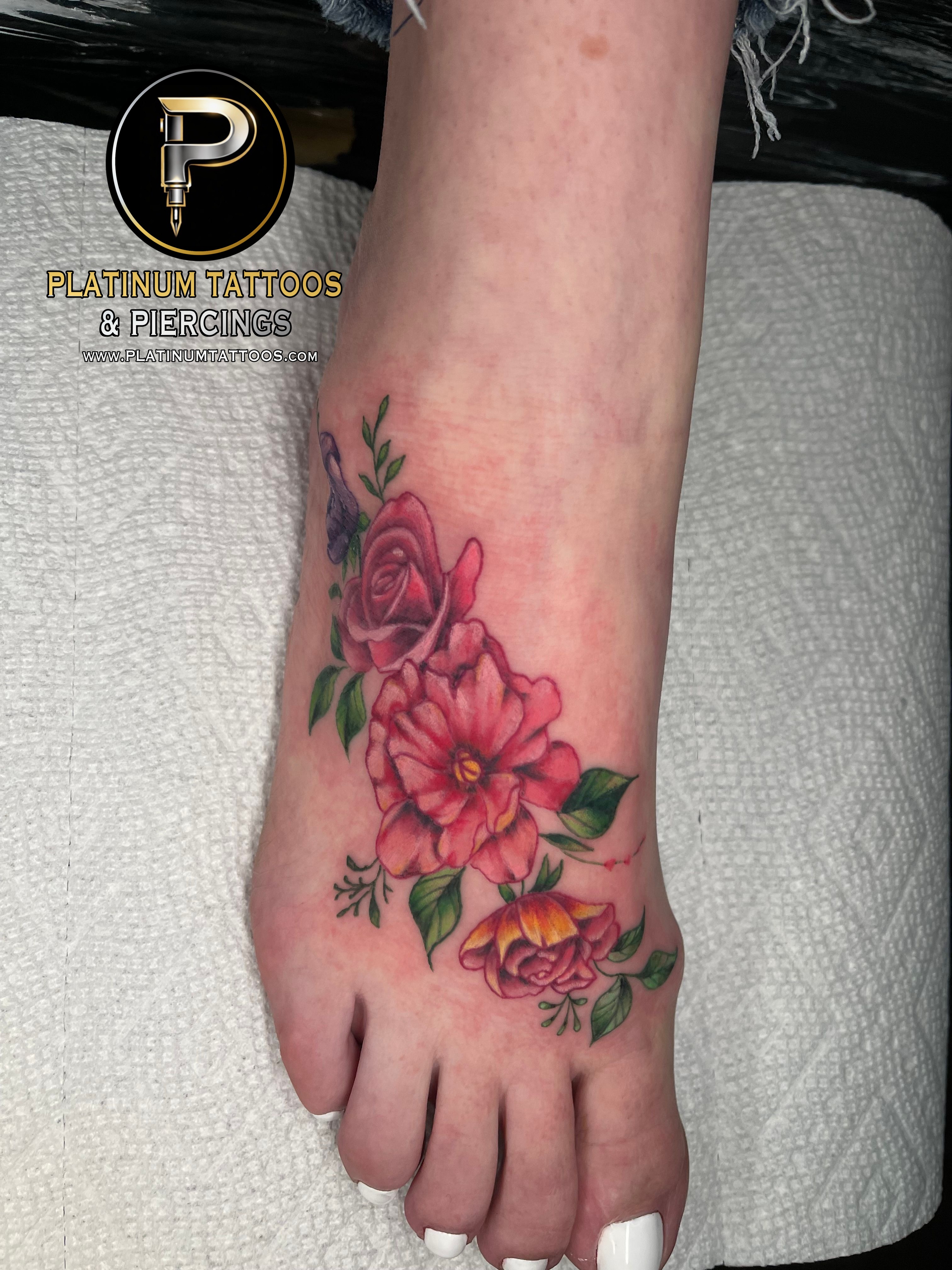 Tattoo Traditional Floral on the Foot by Jerson at Platinum Tattoos & Piercings, San Antonio TX