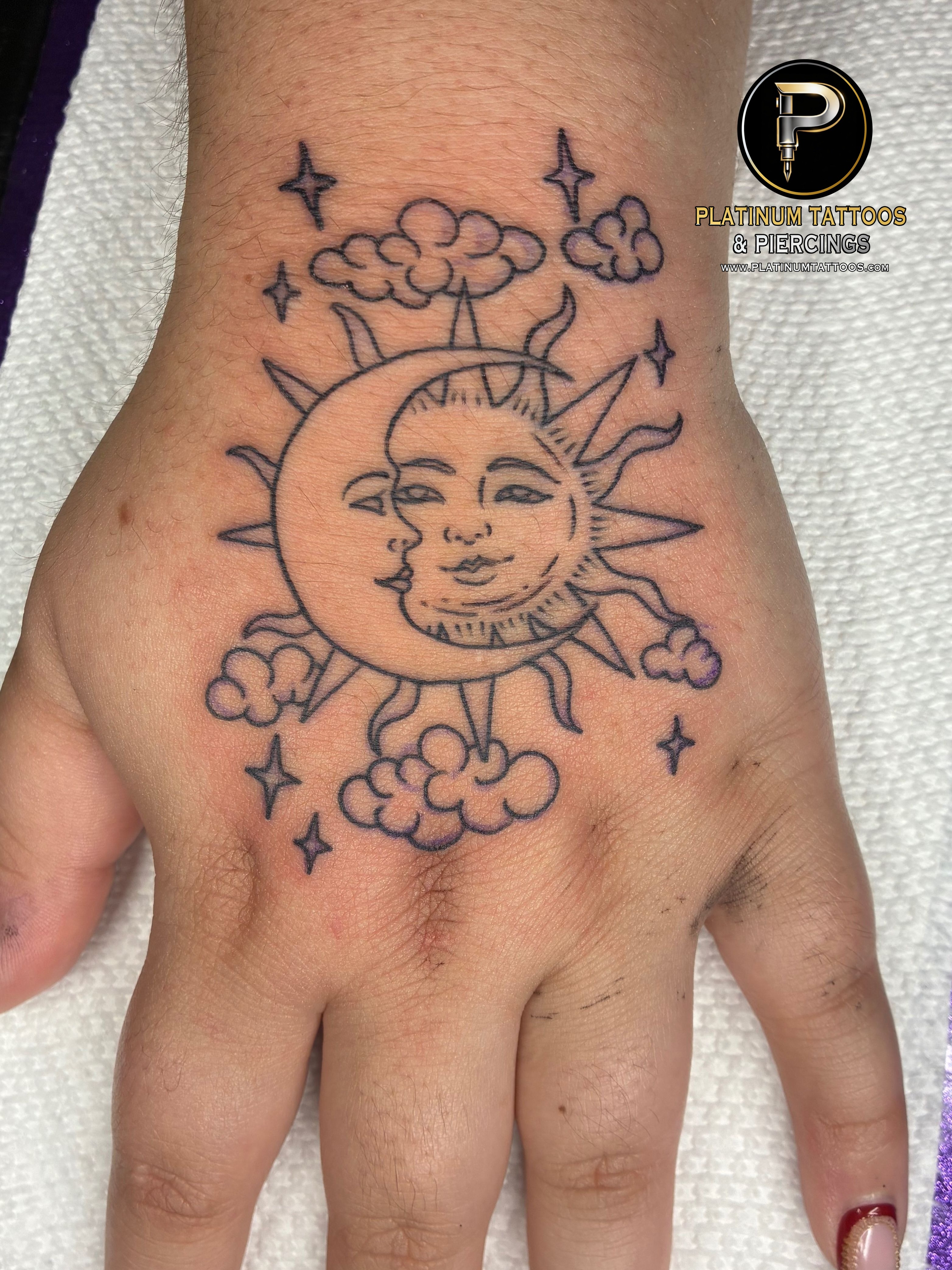 Blackwork Black Sun, Moon tattoo on the Hand by Jr at Platinum Tattoos & Piercings, San Antonio TX