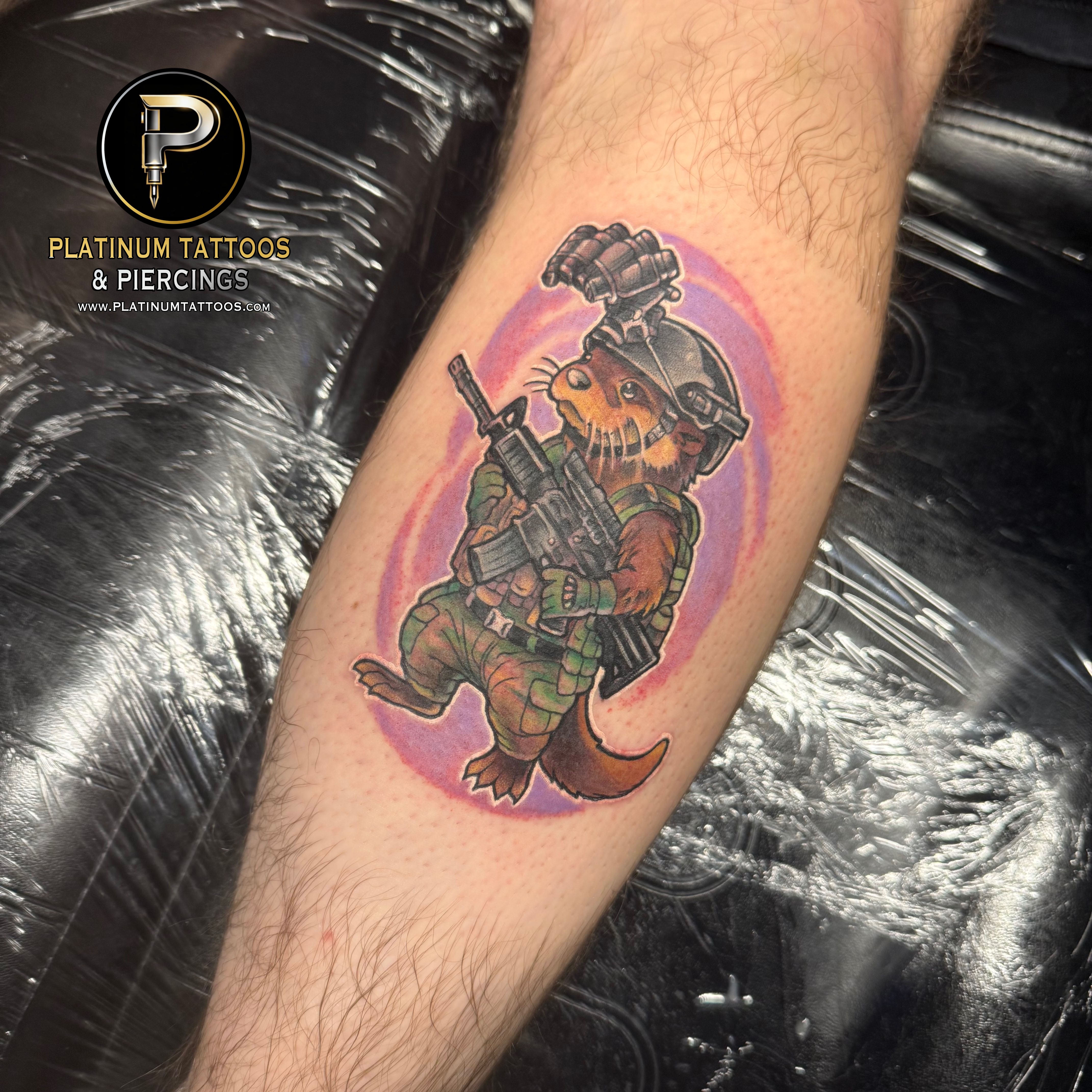 Color, Illustrative, Watercolor, White Ink White, Purple, Green, Brown, Black, Grey, Multi-Color Military tattoo on the Calf at Platinum Tattoos & Piercings, San Antonio TX