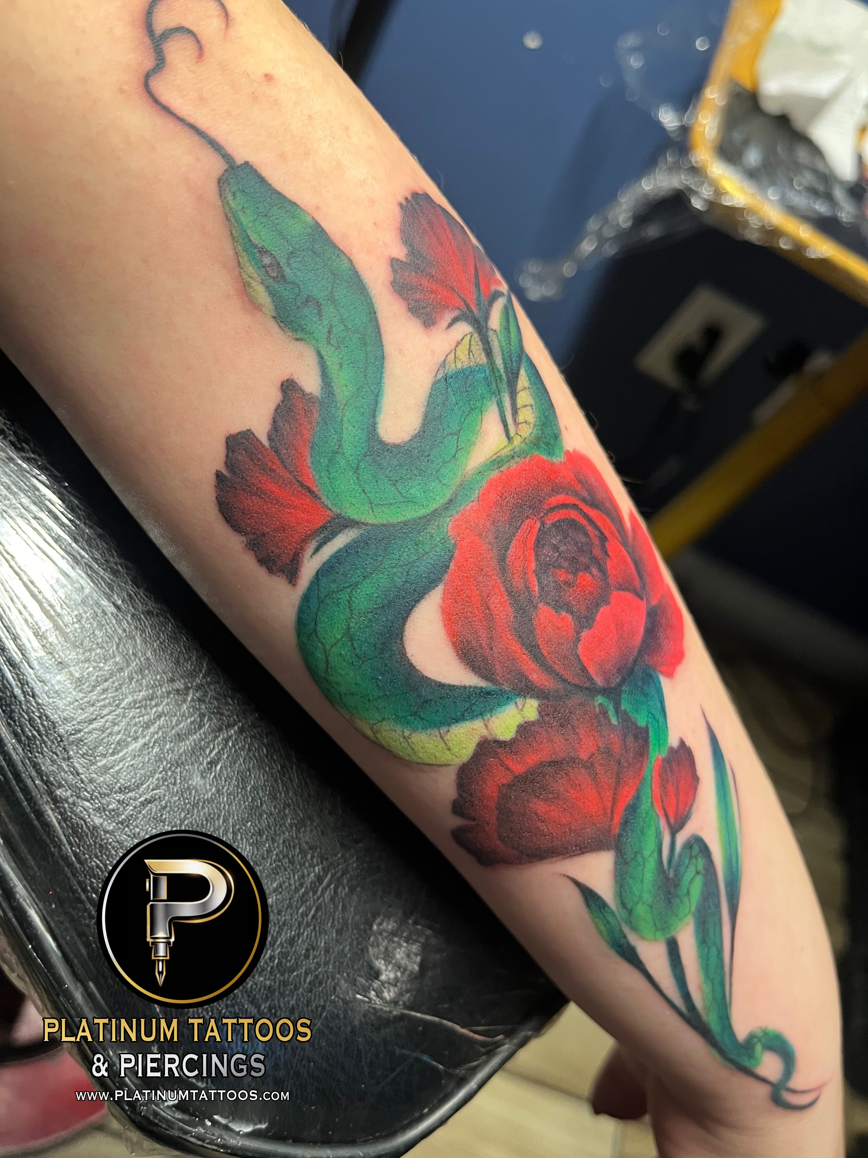 Realism, Color, Floral Red, Black, Green, Yellow, Multi-Color Snake, Rose tattoo on the Forearm at Platinum Tattoos & Piercings, San Antonio TX
