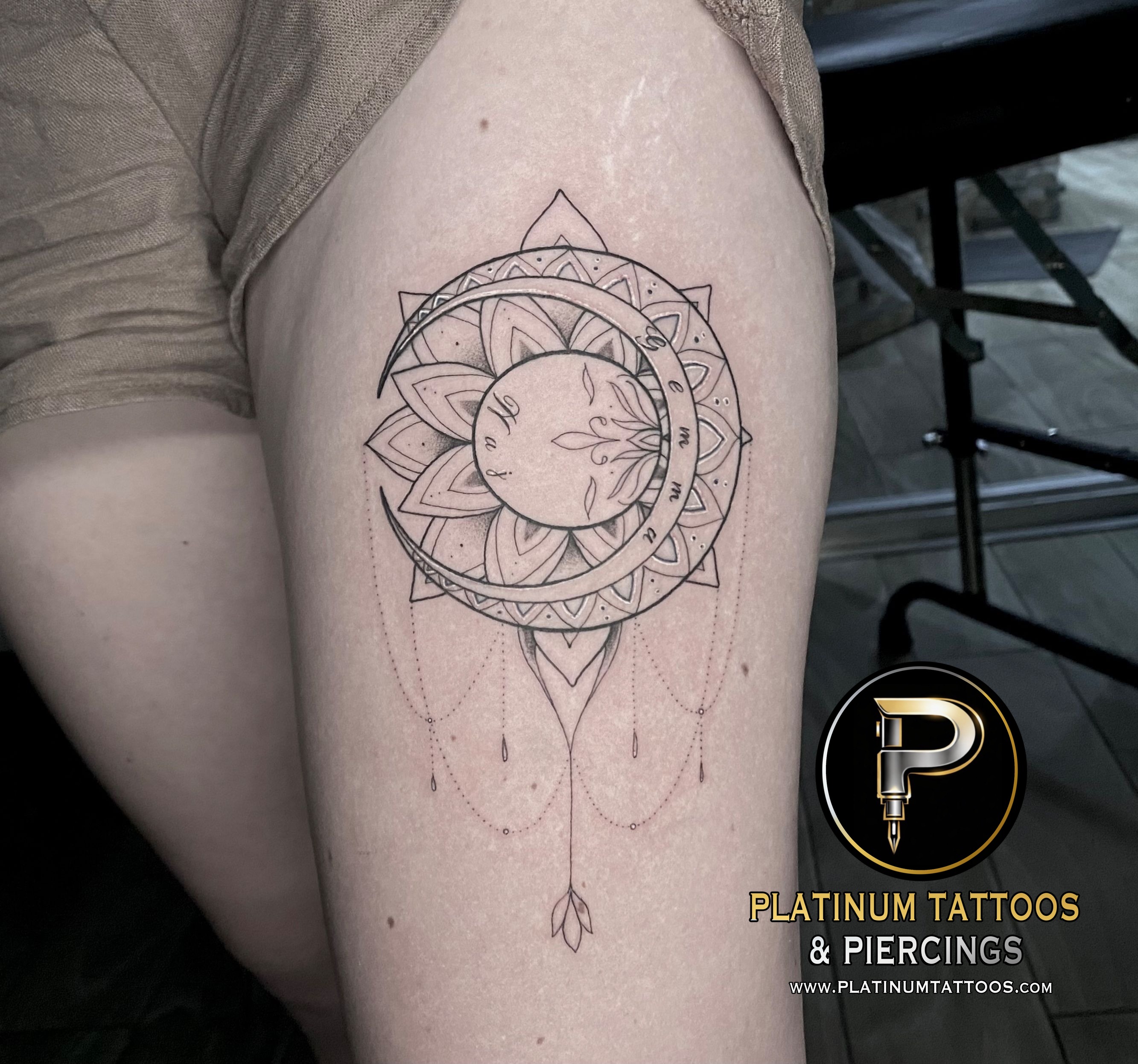 Linework, Fine Line Black Lotus, Moon, Sun tattoo on the Hip by Remy at Platinum Tattoos & Piercings, San Antonio TX