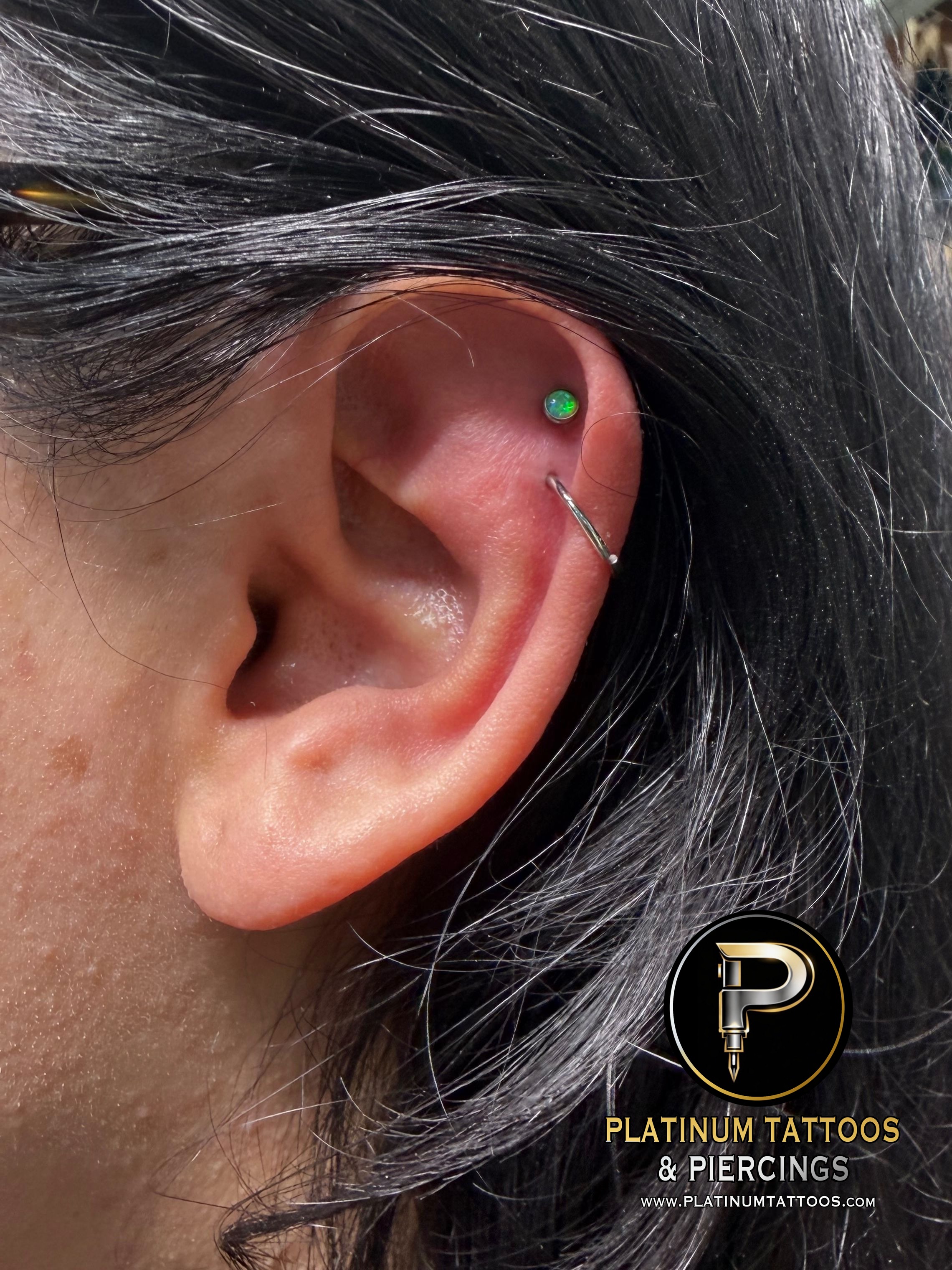 2nd Helix piercing with Implant Grade Titanium Labret Stud/Flat Back by NeoMetal by Mingo at Platinum Tattoos & Piercings, San Antonio TX