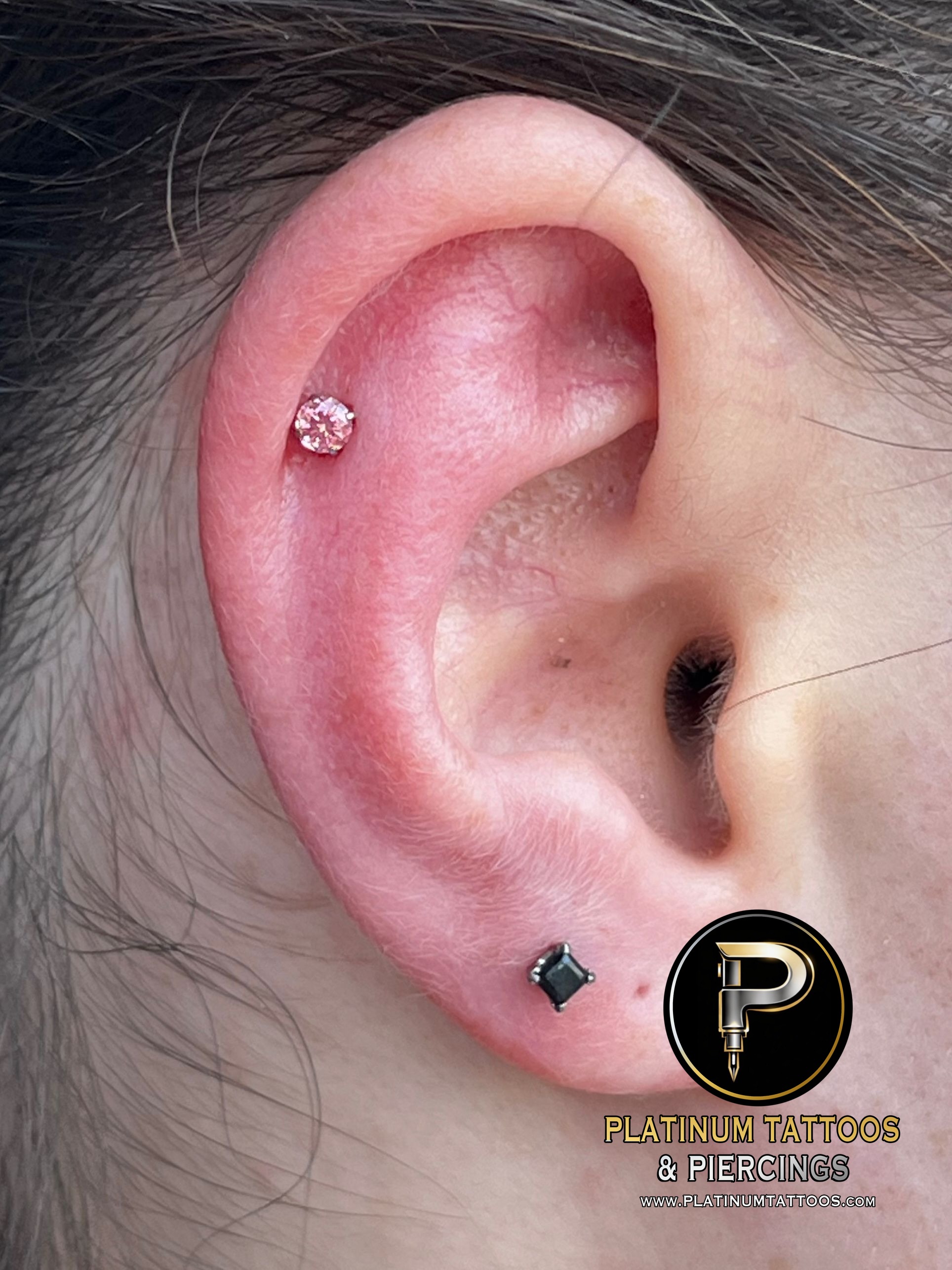 1st Helix piercing with Implant Grade Titanium Threadless by NeoMetal by Harley at Platinum Tattoos & Piercings, San Antonio TX