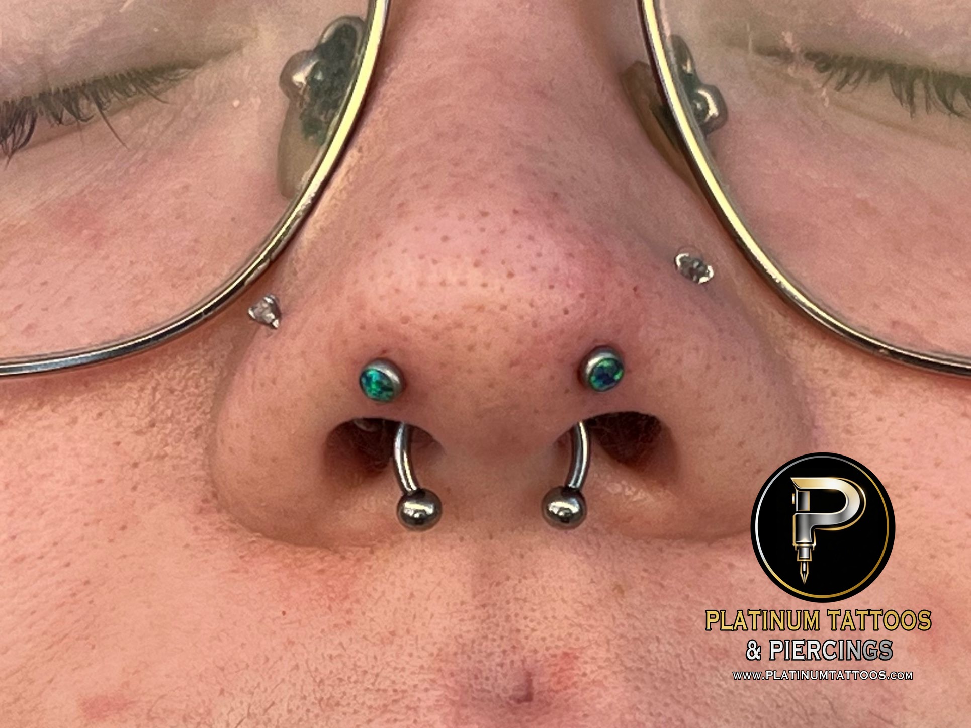 Forward Nostril Aka “Mantis” piercing with Implant Grade Titanium Threadless by NeoMetal by Harley at Platinum Tattoos & Piercings, San Antonio TX