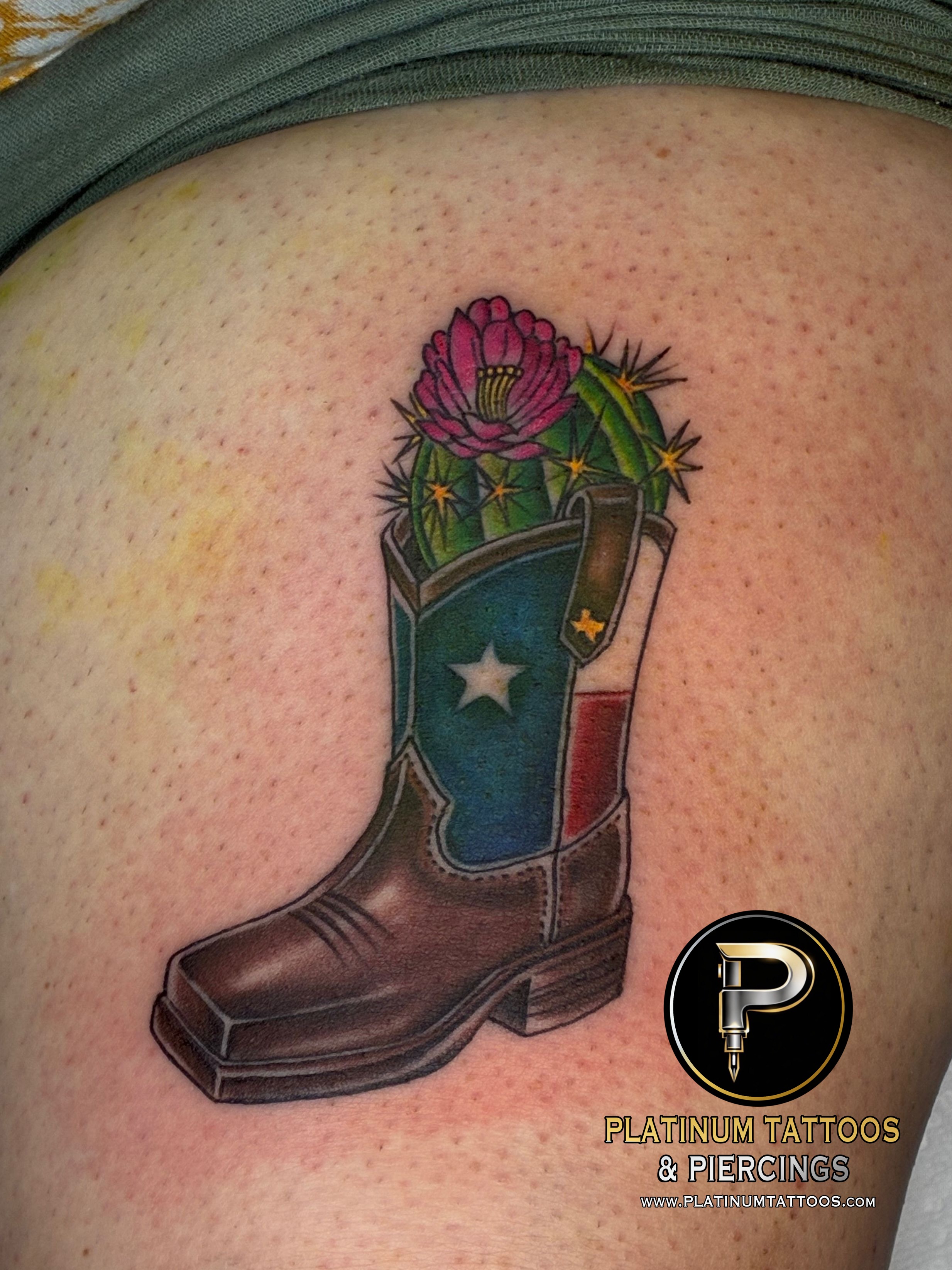 Neo-Traditional, Traditional Multi-Color, Black Cactus, Ariat, Boot tattoo on the Thigh by Jr at Platinum Tattoos & Piercings, San Antonio TX