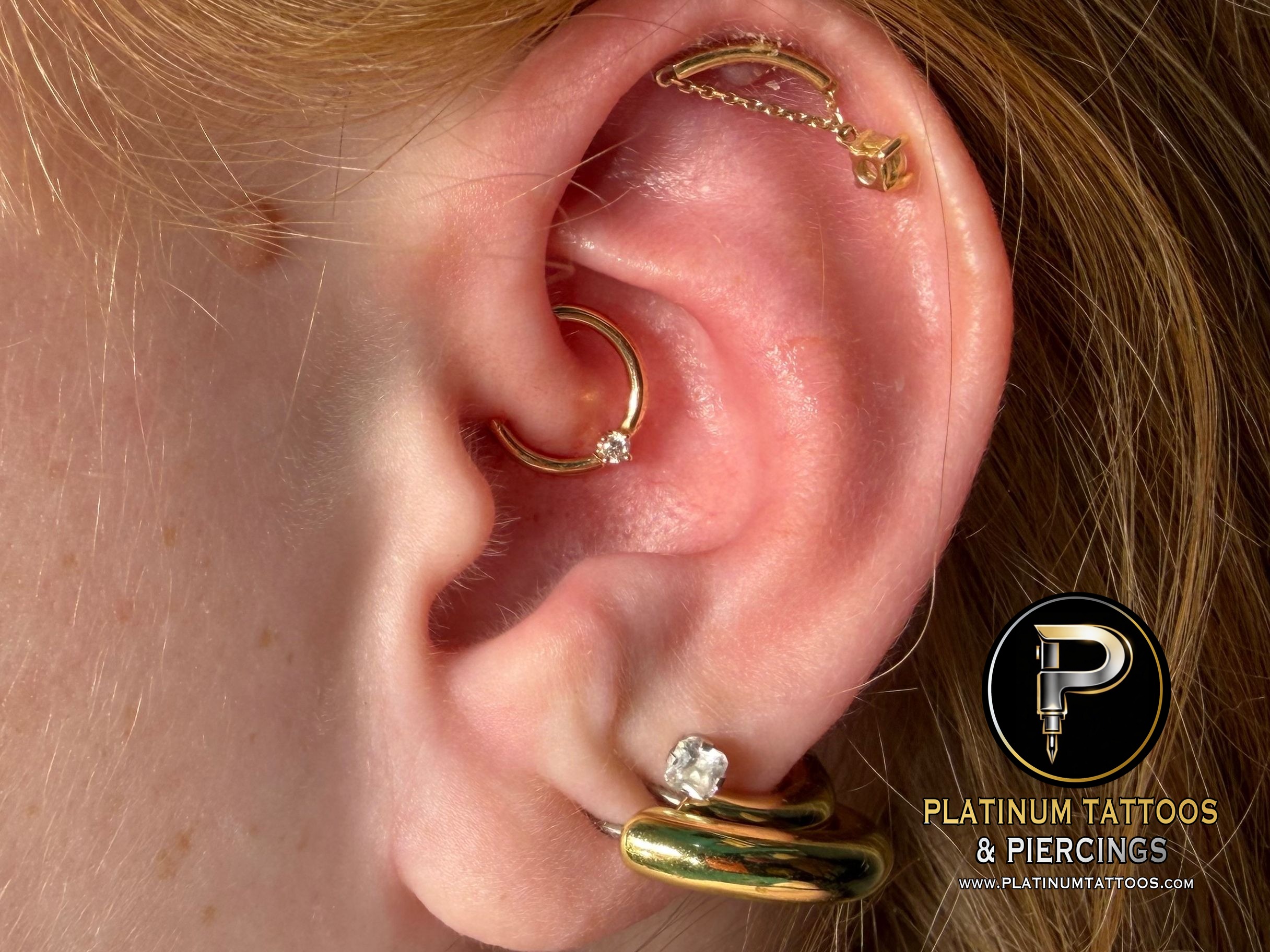 Daith piercing with 14k Yellow Gold Cluster/Multi-Gem by Other by Mingo at Platinum Tattoos & Piercings, San Antonio TX