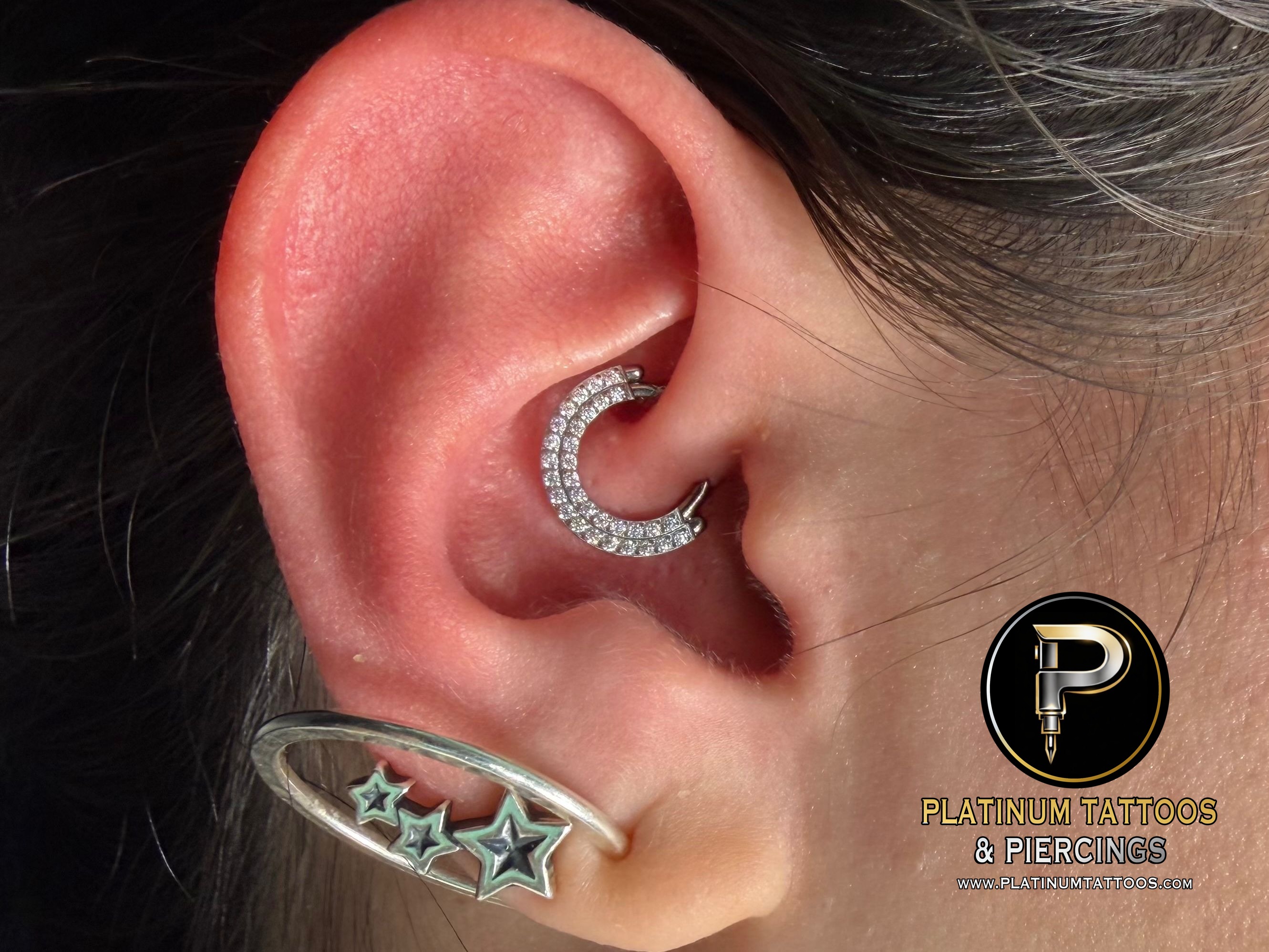 Daith piercing with Implant Grade Titanium Cluster/Multi-Gem by Other by Mingo at Platinum Tattoos & Piercings, San Antonio TX