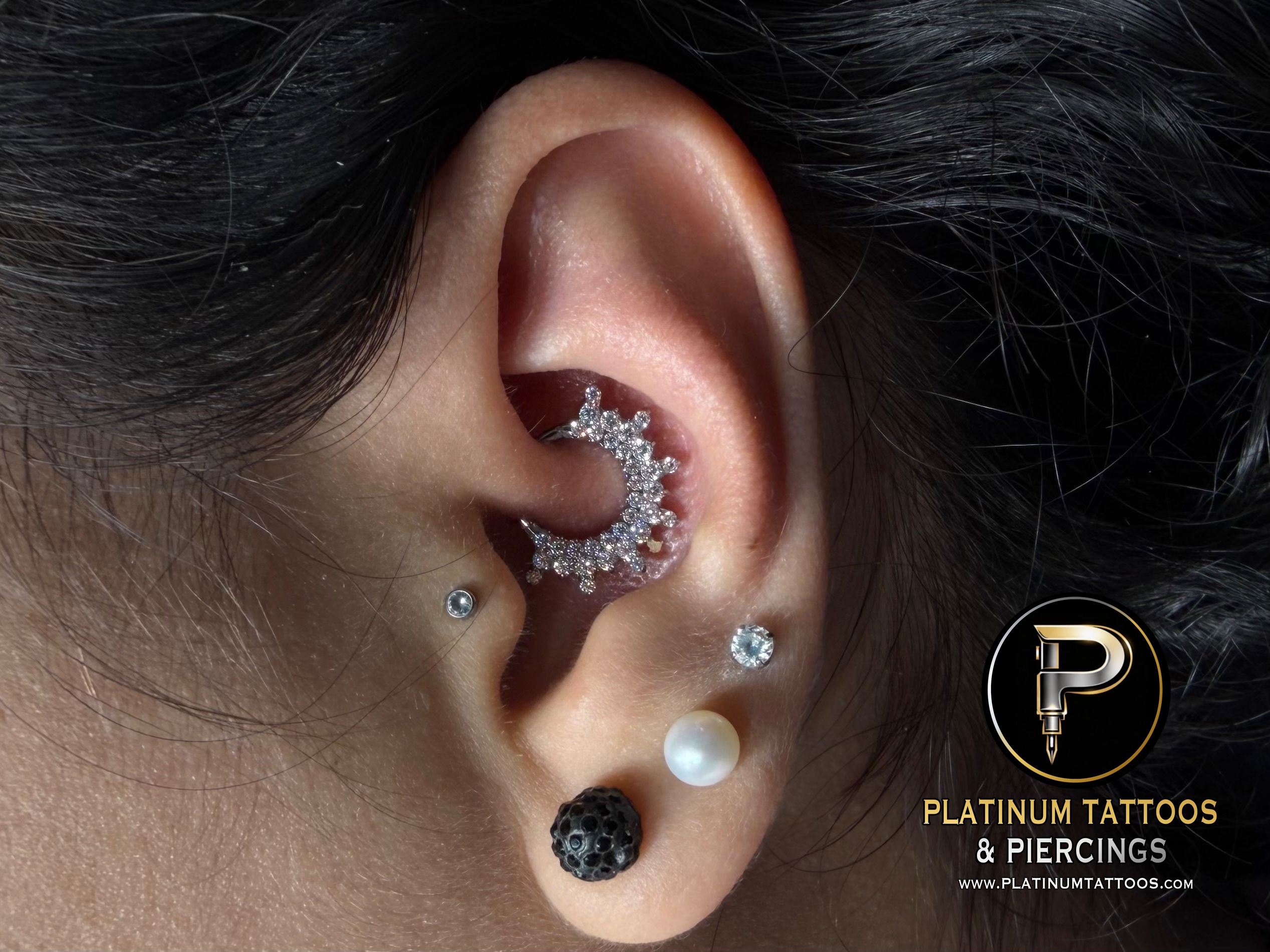 Daith piercing with Implant Grade Titanium Cluster/Multi-Gem by Tawapa by Mingo at Platinum Tattoos & Piercings, San Antonio TX
