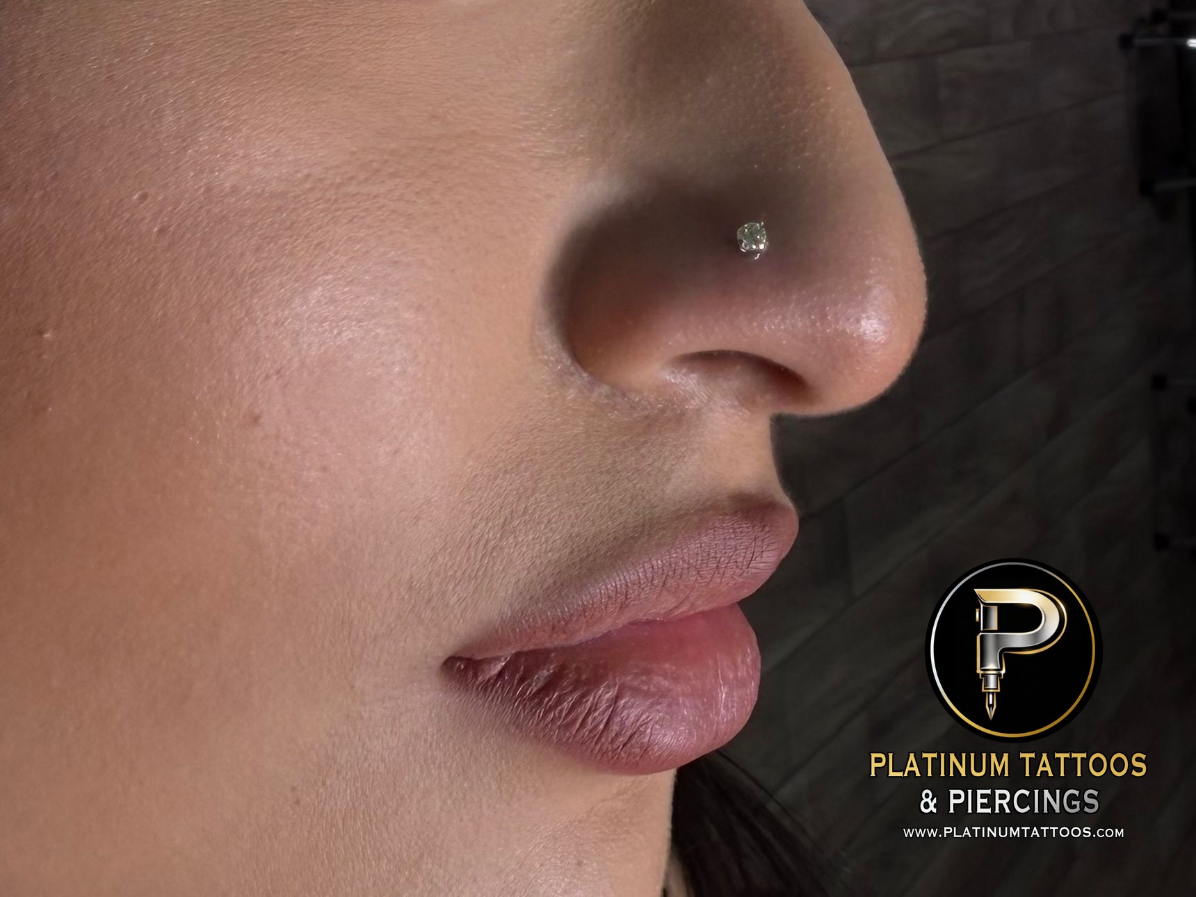 Nostril piercing with Implant Grade Titanium Labret Stud/Flat Back by NeoMetal by Mingo at Platinum Tattoos & Piercings, San Antonio TX