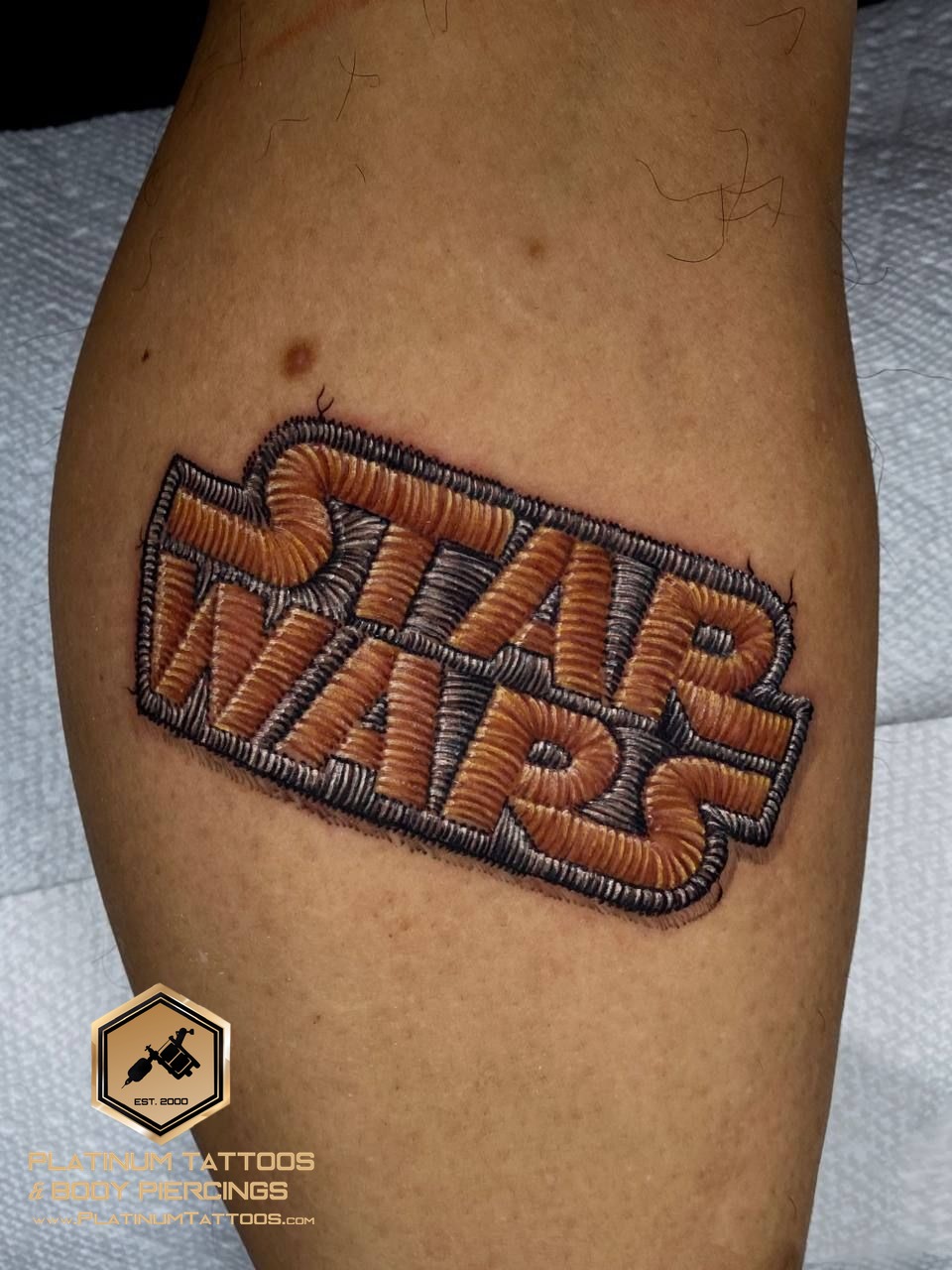 Star Wars Embroidery Tattoo on the Calf by Remy at Platinum Tattoos & Piercings, San Antonio TX