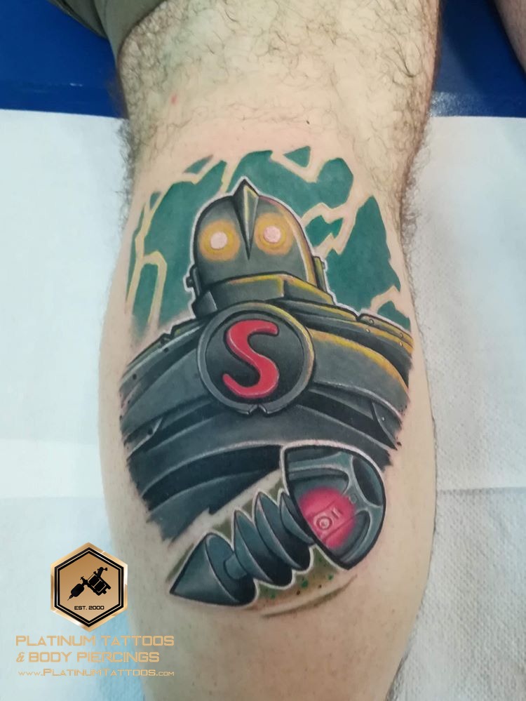 Iron Giant tattoo on the calf by Jerson at Platinum Tattoos & Piercings, San Antonio TX