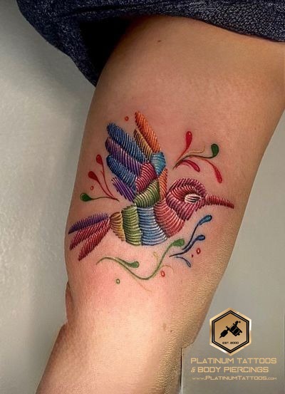 Otomi Hummingbird Embroidery Tattoo by Remy at Platinum Tattoos & Piercings, San Antonio TX