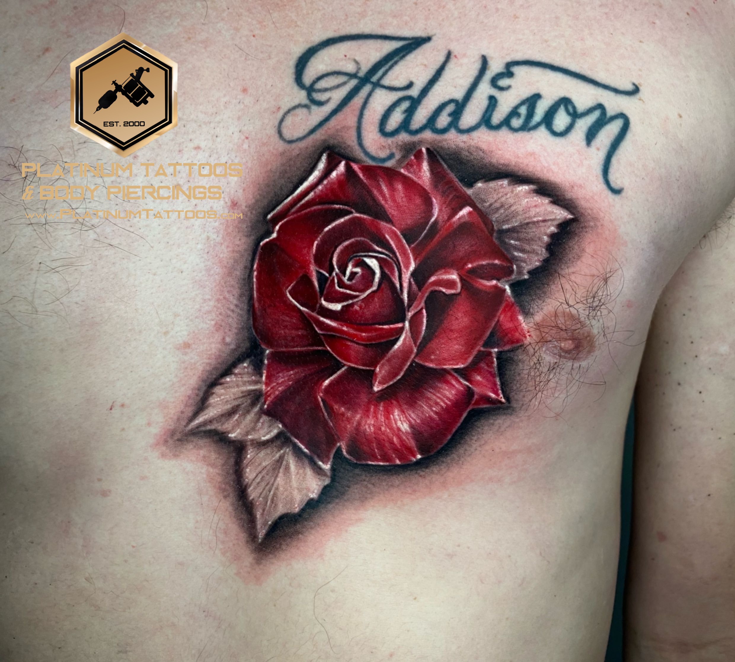 Realism tattoo on the chest by Remy at Platinum Tattoos & Piercings, San Antonio TX