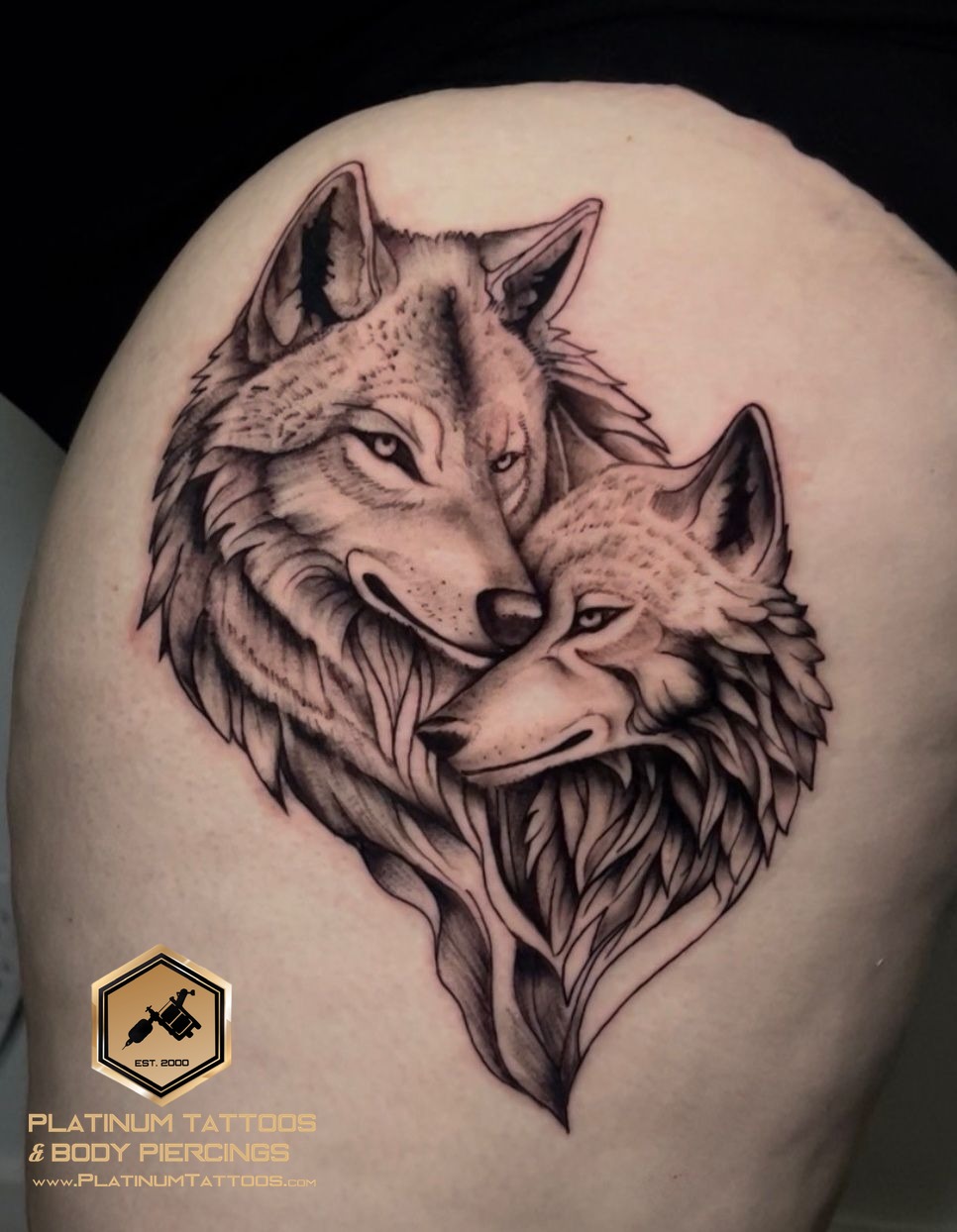Tattoo on the thigh by Skar at Platinum Tattoos & Piercings, San Antonio TX