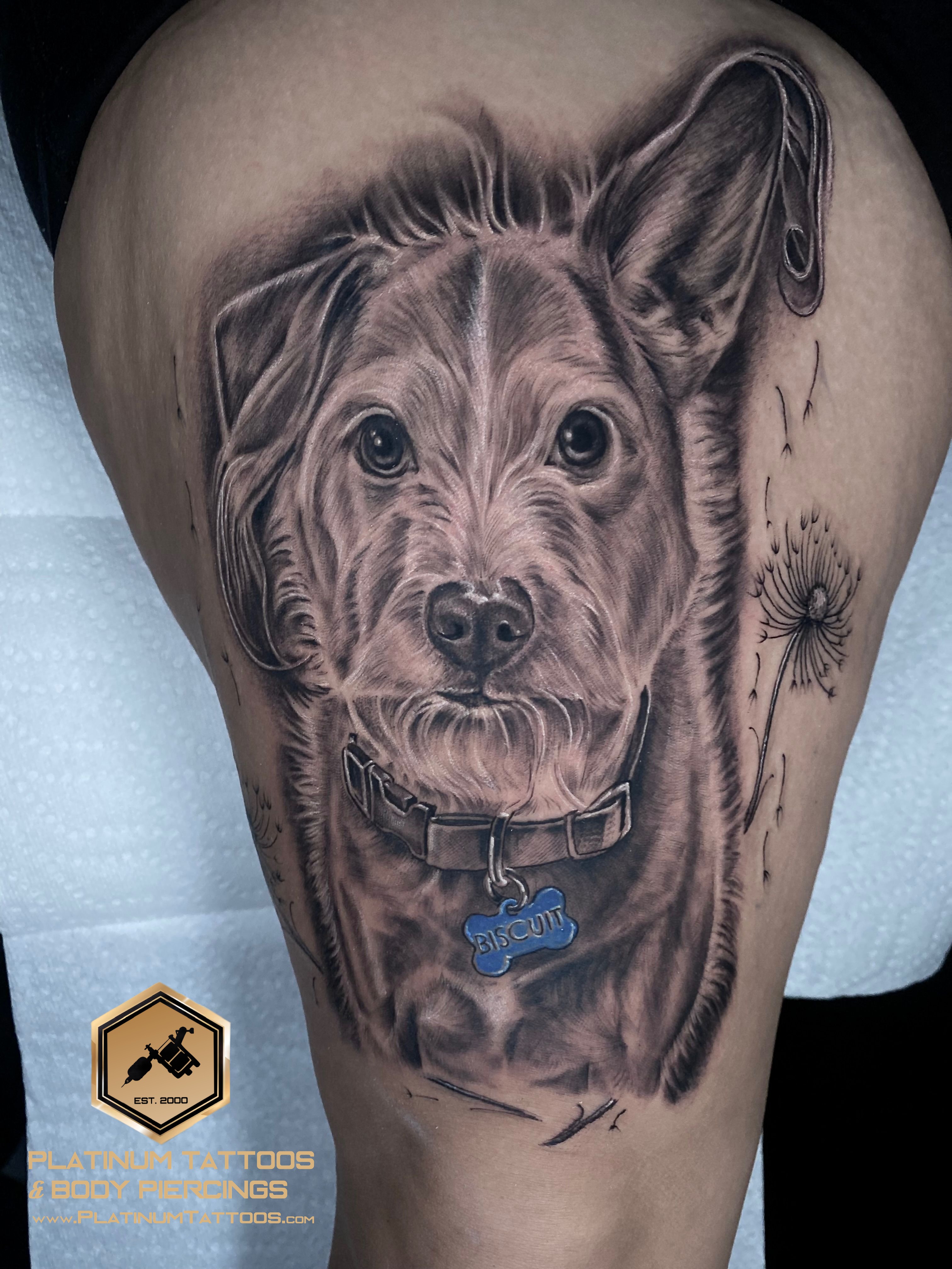 Black & Grey tattoo on the Thigh by Remy at Platinum Tattoos & Piercings, San Antonio TX