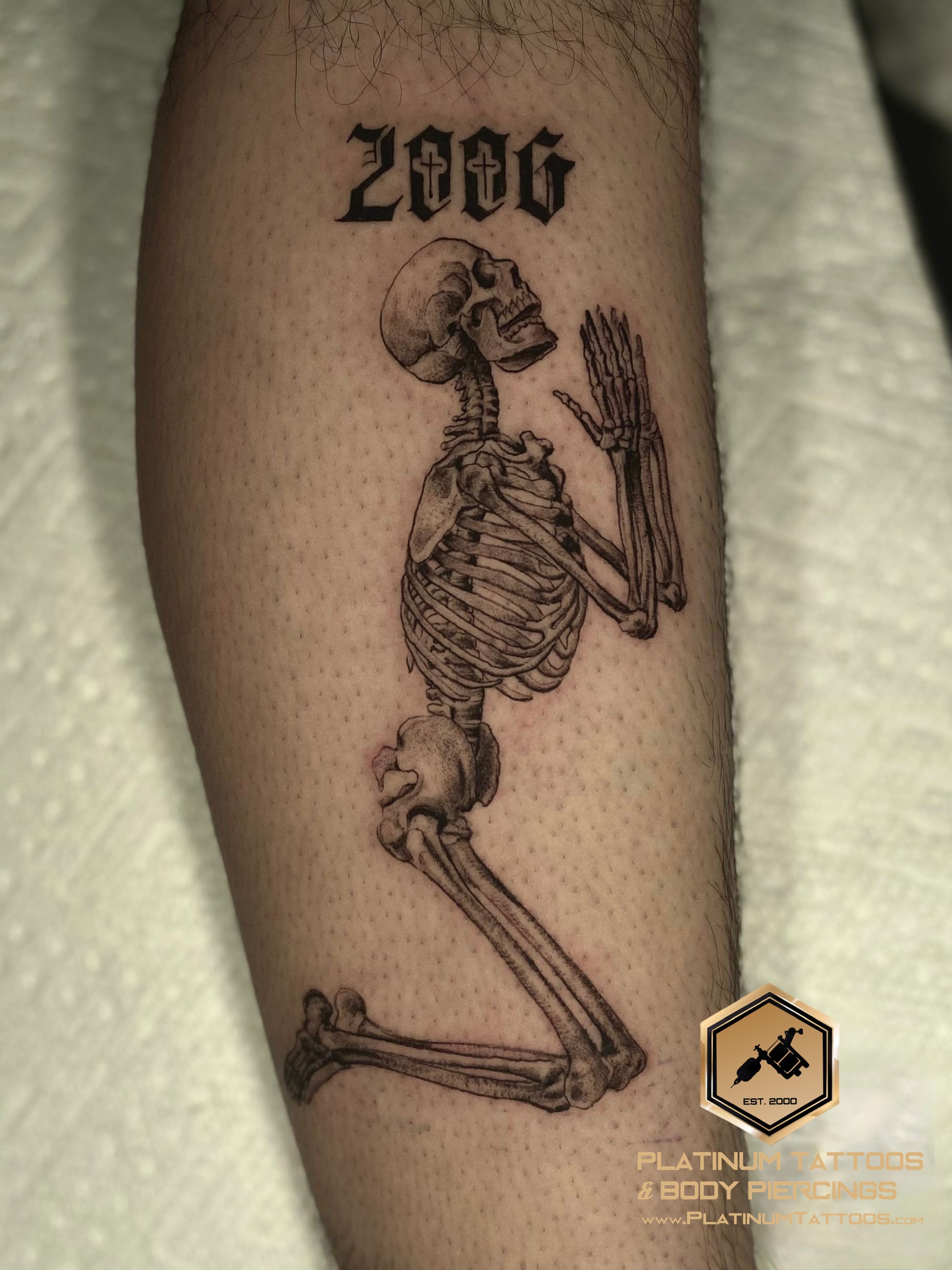Blackwork tattoo on the calf by Remy at Platinum Tattoos & Piercings, San Antonio TX