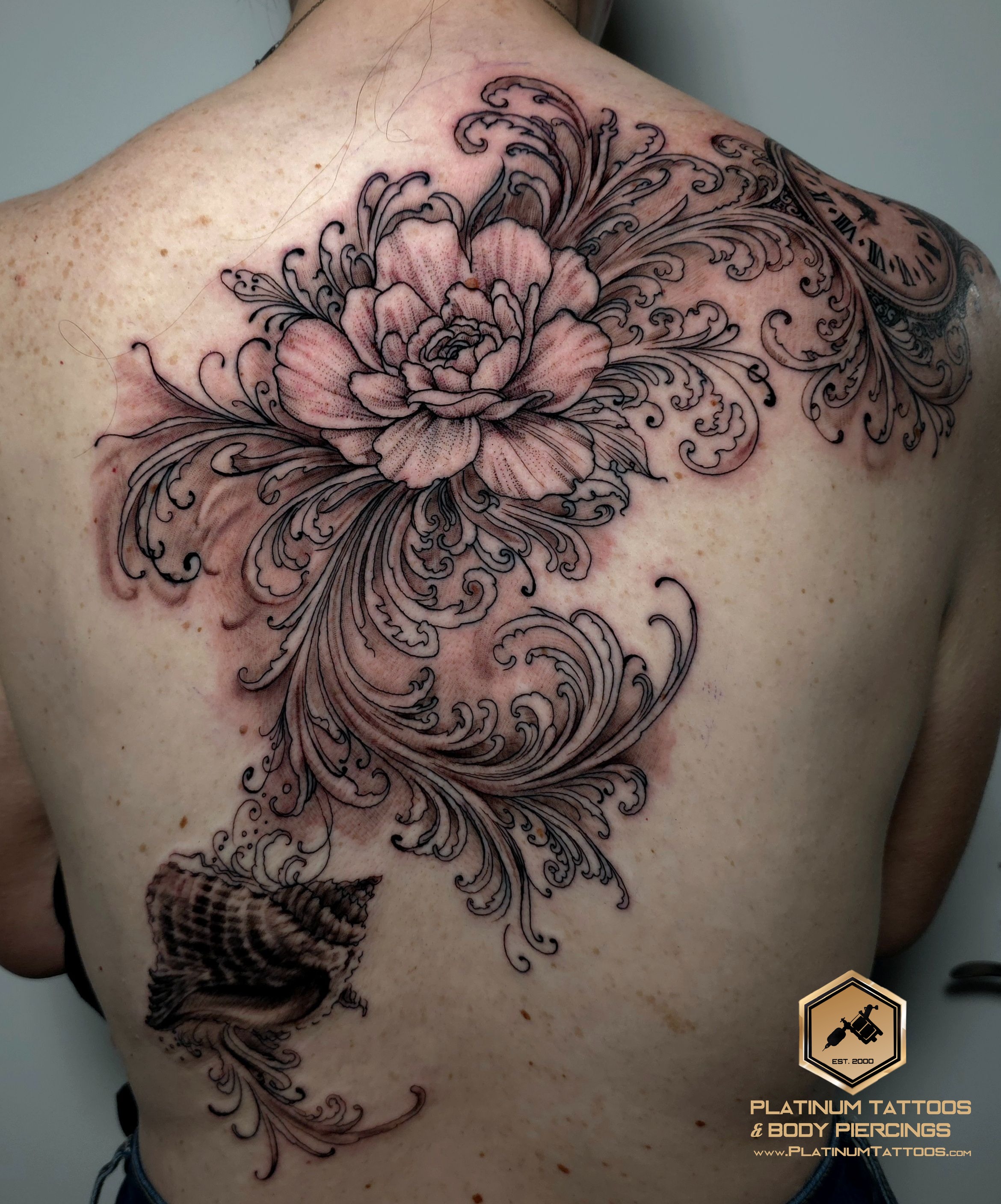 Black & Grey tattoo on the Full Back by Lee at Platinum Tattoos & Piercings, San Antonio TX