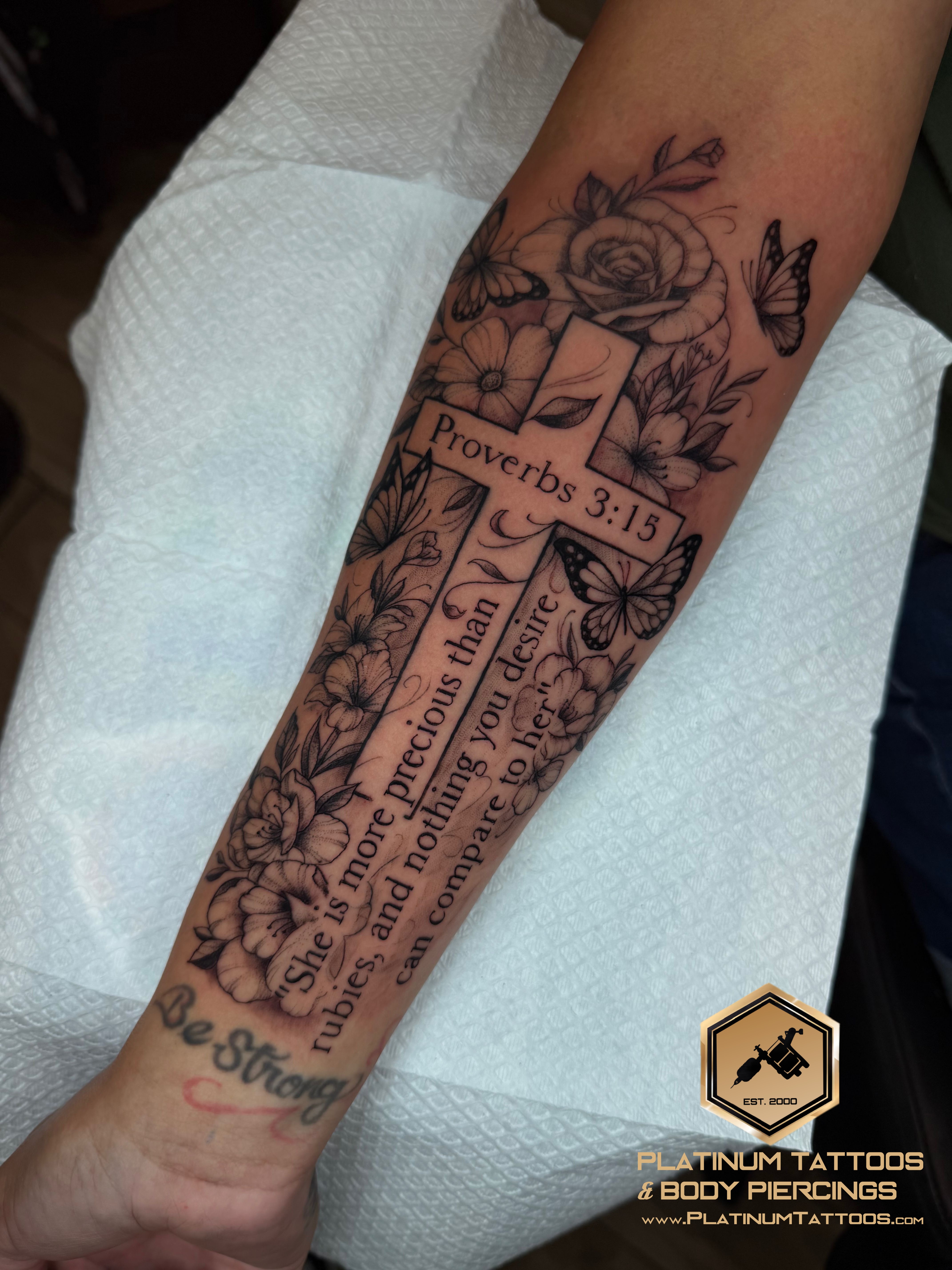 Black & Grey with Color, Floral, Fine Line Black Flower tattoo on the Forearm by Jerson at Platinum Tattoos & Piercings, San Antonio TX