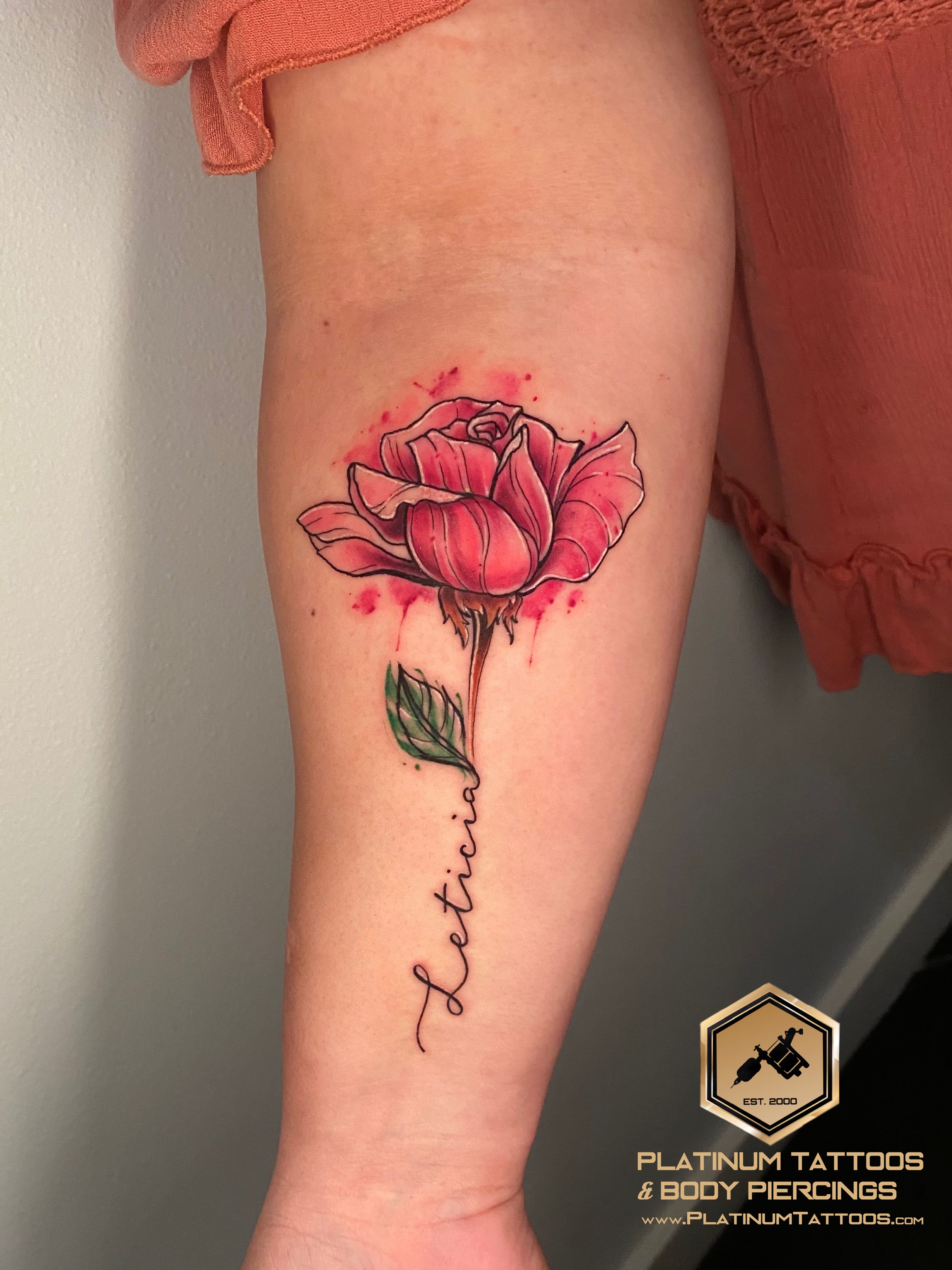 Watercolor Multi-Color Rose, Script/Cursive tattoo on the Forearm by Remy at Platinum Tattoos & Piercings, San Antonio TX
