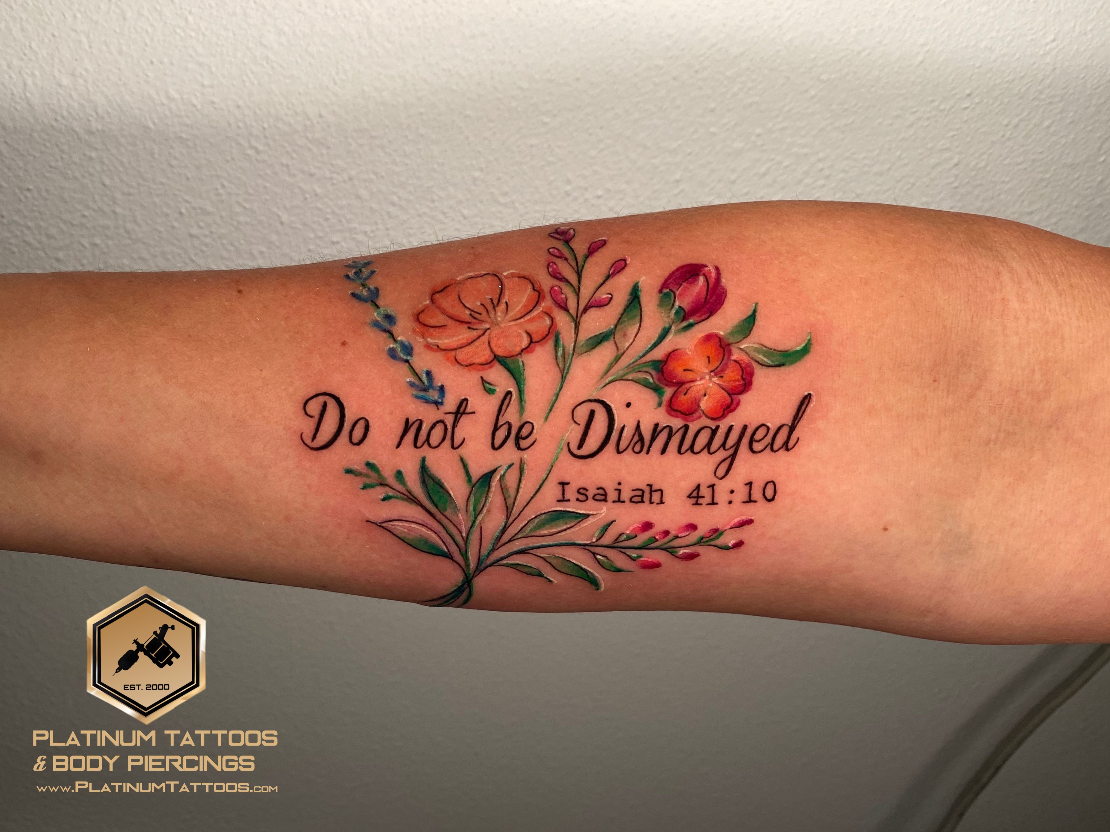 Watercolor Multi-Color Flower, Script/Cursive tattoo by Remy at Platinum Tattoos & Piercings, San Antonio TX