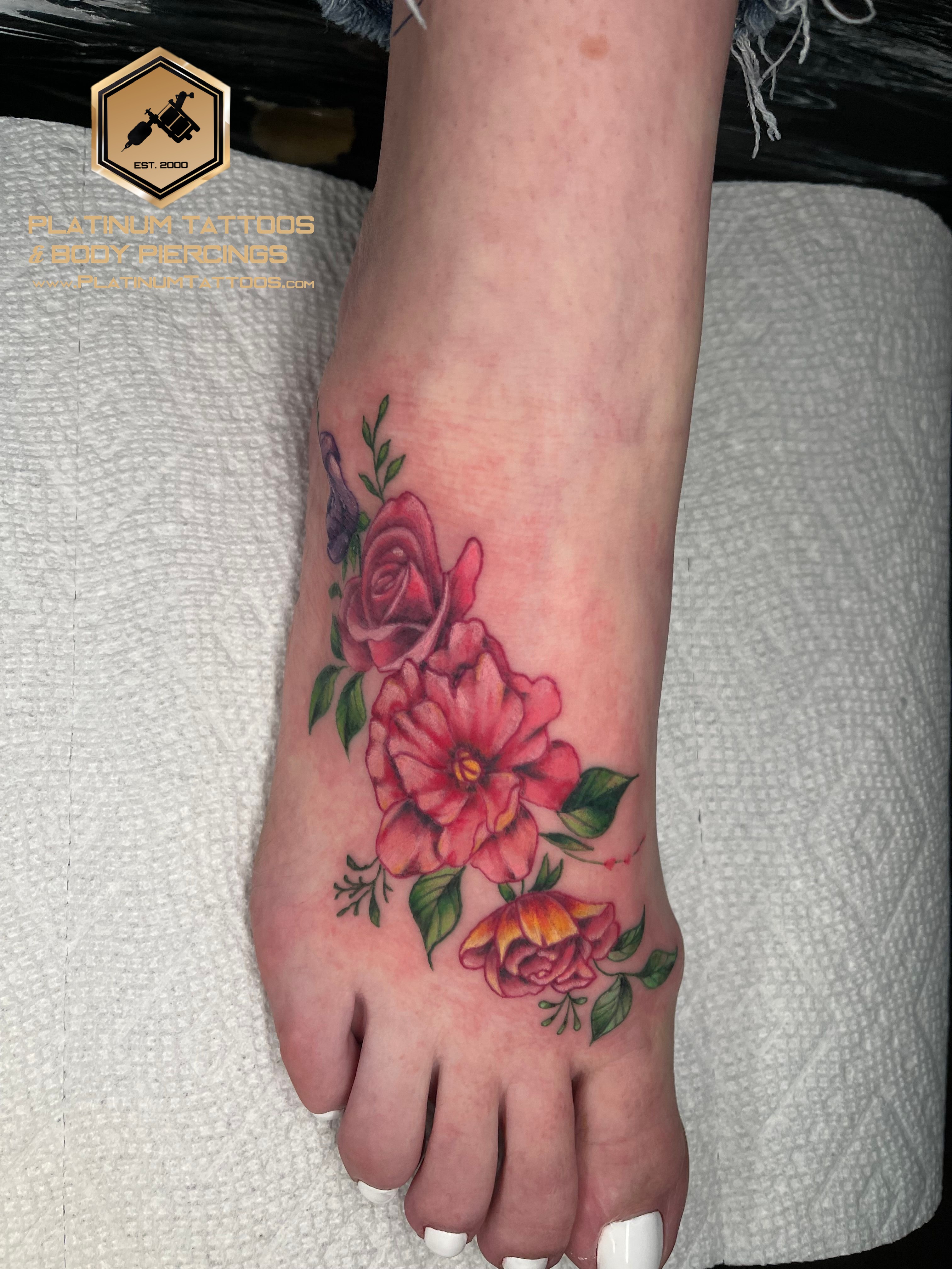 Tattoo Traditional Floral on the Foot by Jerson at Platinum Tattoos & Piercings, San Antonio TX